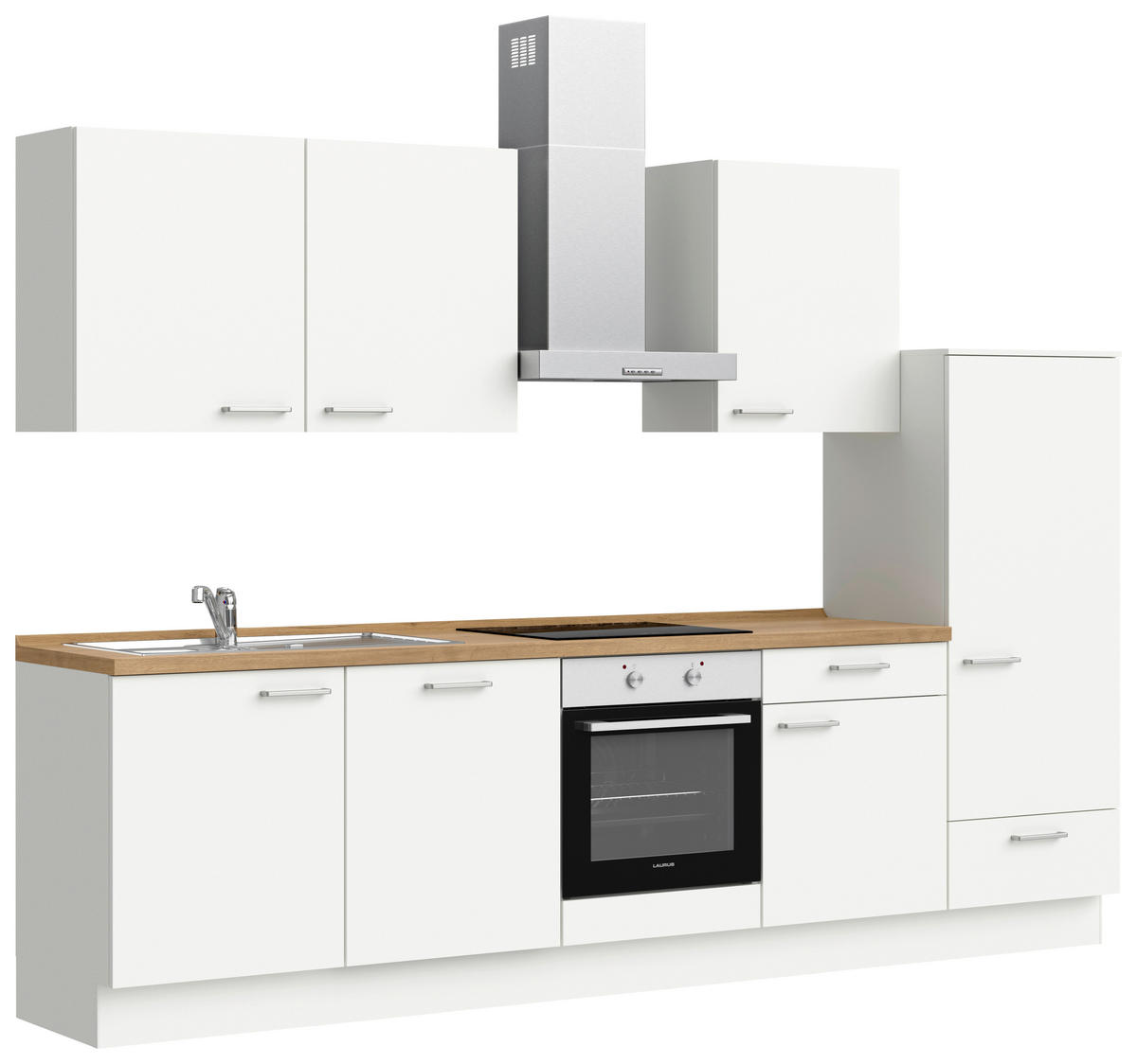 KÜCHENLEERBLOCK 300 cm   in Weiß, Eichefarben  - Edelstahlfarben/Eichefarben, MODERN, Holzwerkstoff/Metall (300cm) - Nobilia