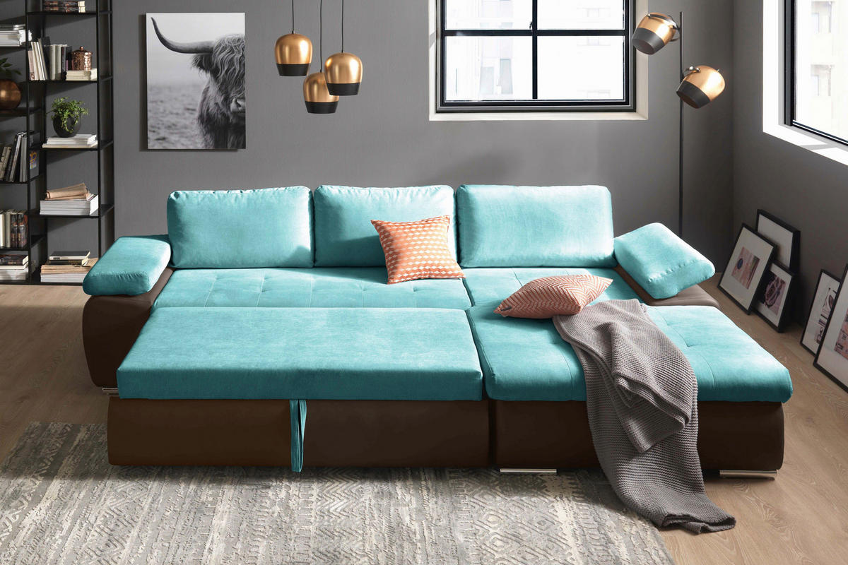 ECKSOFA Türkis, Schlammfarben Flachgewebe  - Türkis/Schlammfarben, Design, Kunststoff/Textil (271/175cm) - MID.YOU