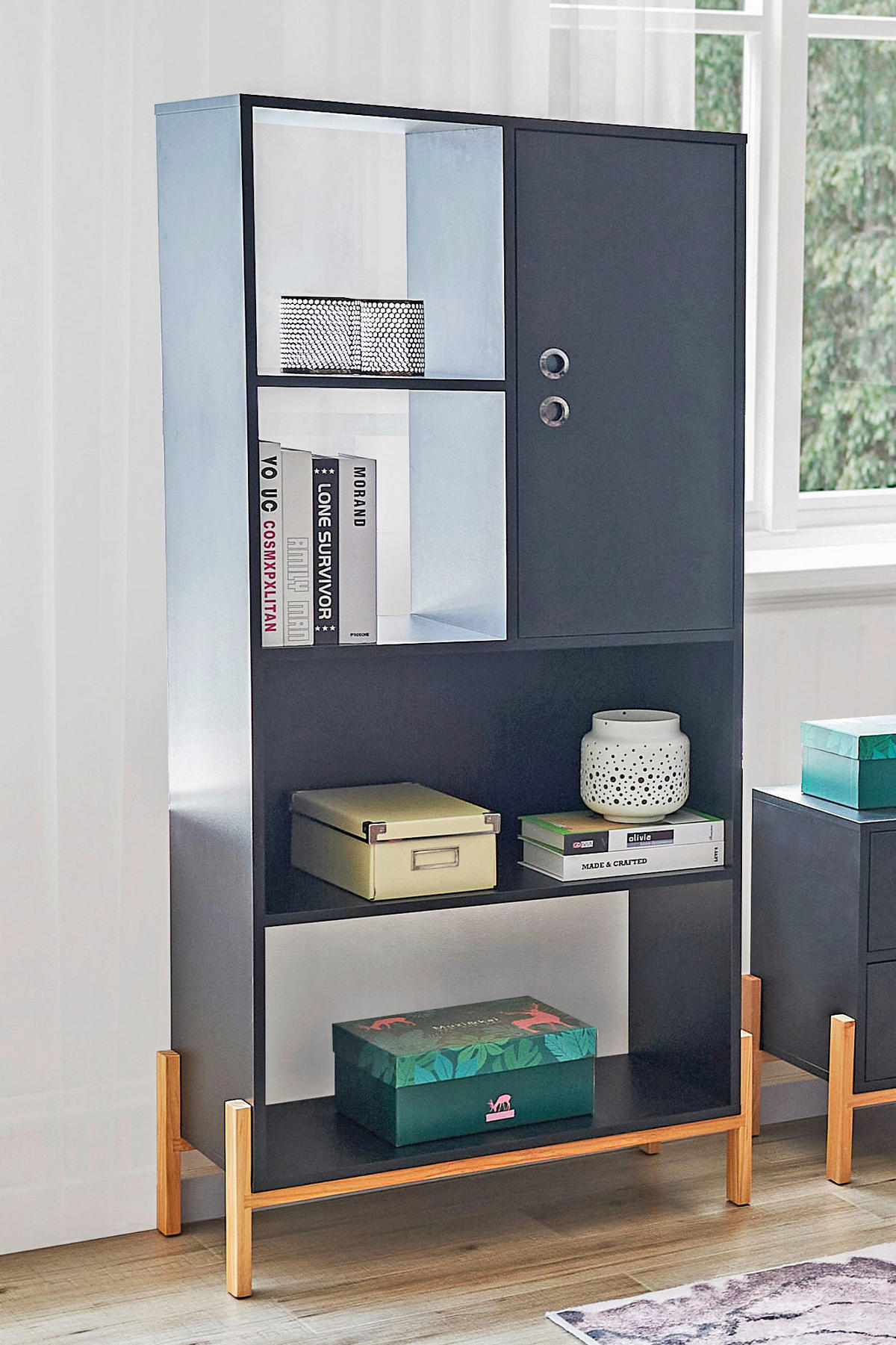 REGAL Schwarz  - Schwarz/Naturfarben, Design, Holz/Holzwerkstoff (72,5/154/35,5cm) - Livetastic