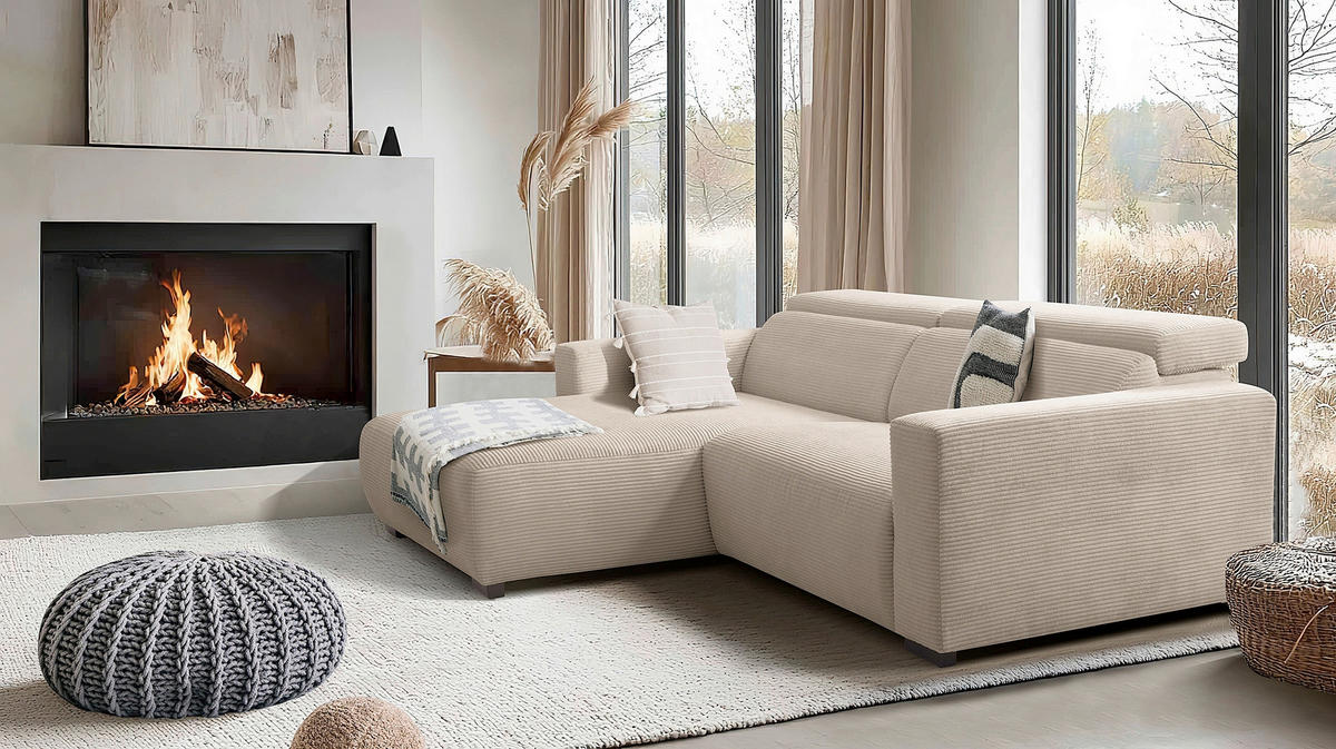 ECKSOFA RENO Hellgrau Cord Relaxfunktion, Kopfteilverstellung  - Hellgrau/Schwarz, Design, Kunststoff/Textil (184/248cm) - Livetastic