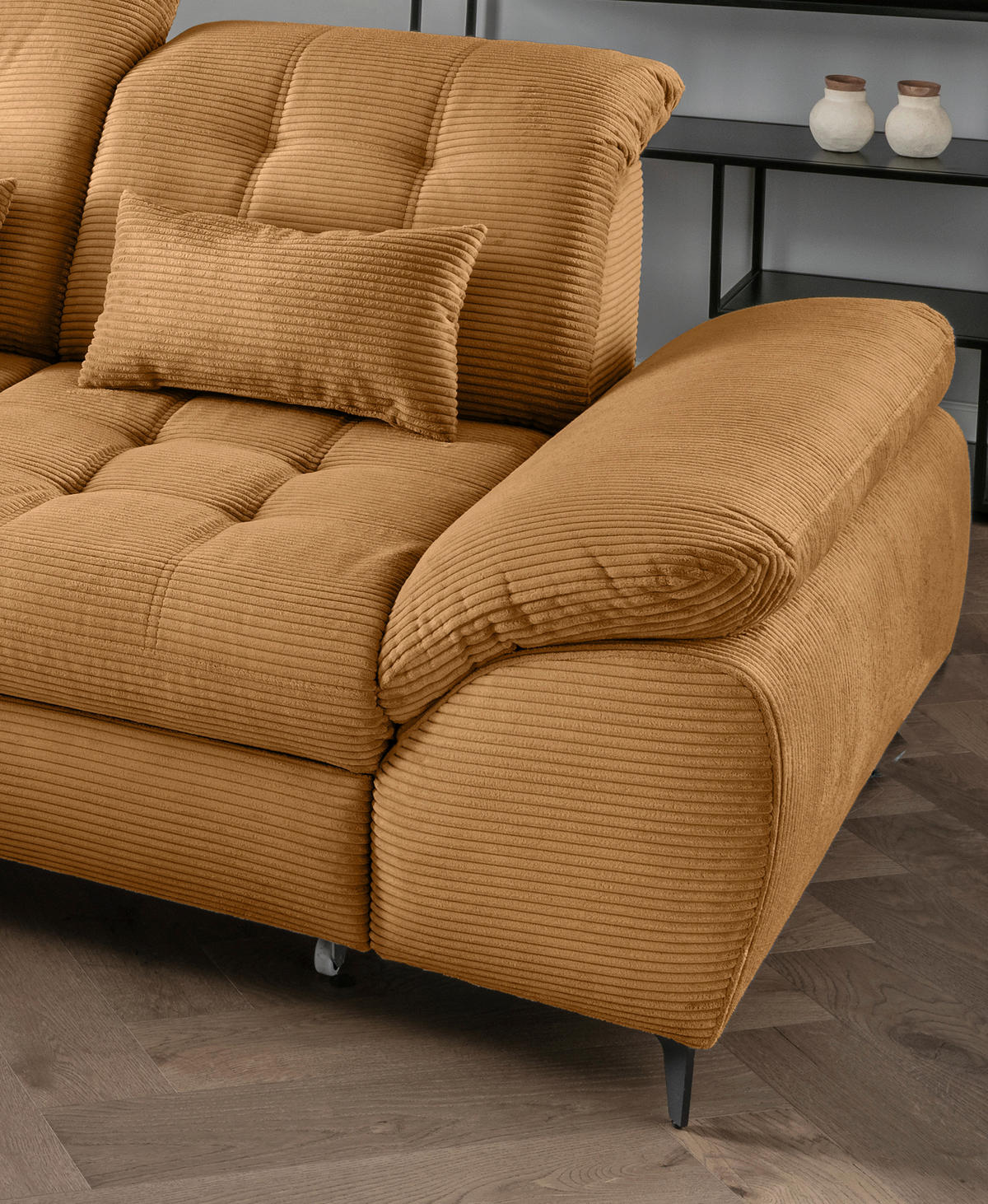 ECKSCHLAFSOFA  mit seitenverkehrt erhältlich, Rücken echt, Armteil links, Armteil rechts Cord Goldfarben  - Goldfarben/Schwarz, MODERN, Textil/Metall (189/273cm) - Livetastic