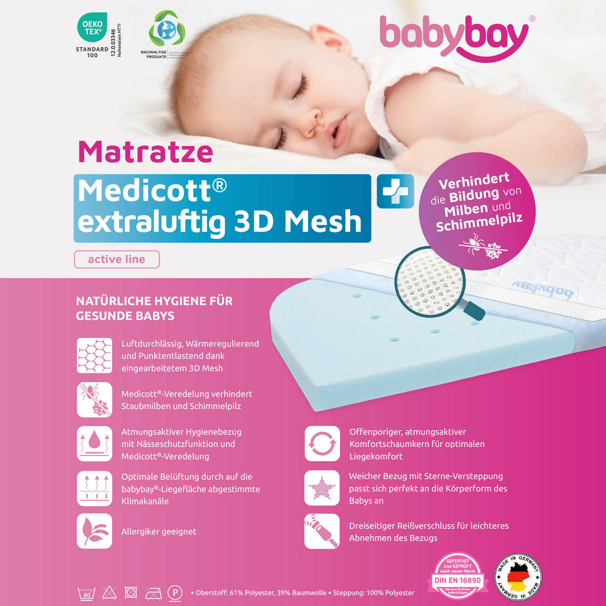 BEISTELLBETTMATRATZE 81/41,5 cm  - Basics, Textil (81/41,5cm) - Babybay