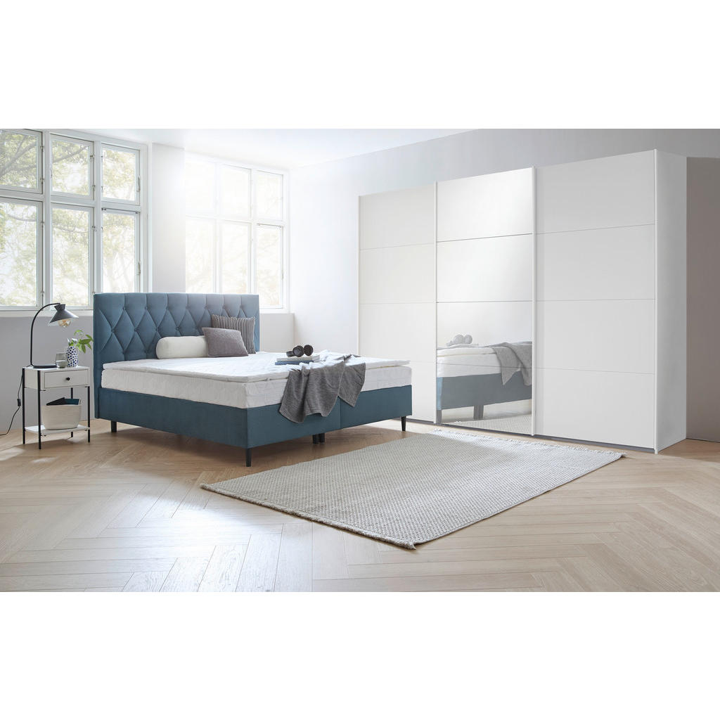 Thumbnail - home24 Boxbett, Türkis, Textil, furniert, H2, Höhe ca. 18 cm, 140x200 cm, Bettkasten, Federkernmatratze, Topper geteilt,...