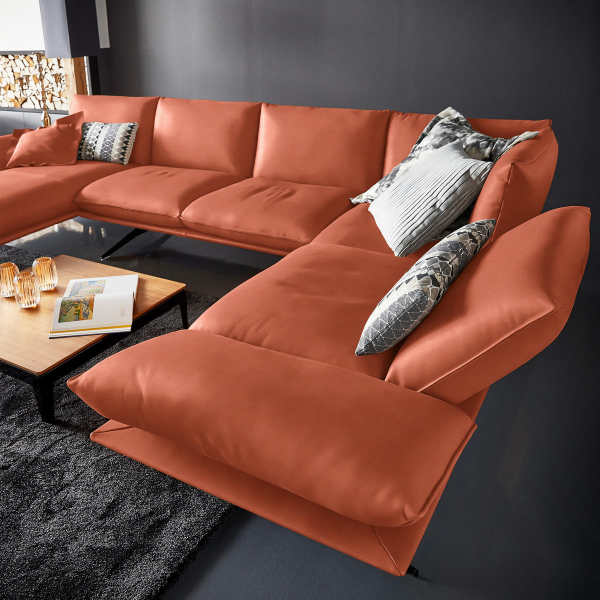 WOHNLANDSCHAFT in Echtleder Orange  - Schwarz/Orange, Natur, Leder/Metall (155/359/217cm) - Dieter Knoll