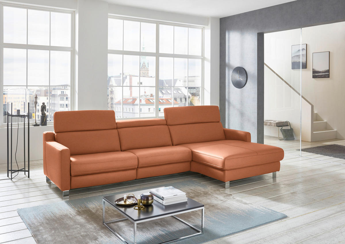 ECKSOFA in Echtleder Cognac  - Chromfarben/Cognac, Design, Leder/Metall (291/176cm) - Valdera
