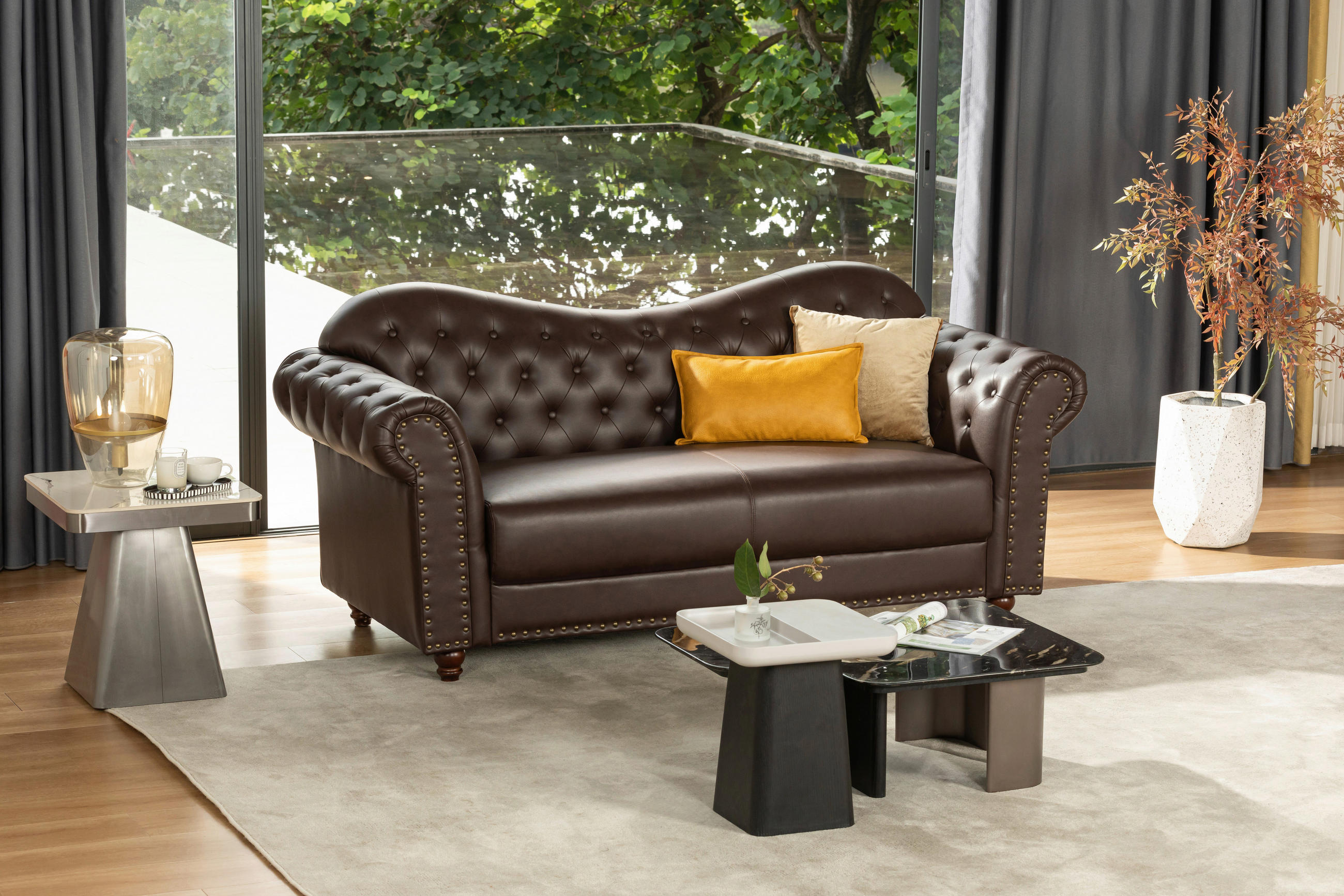 CHESTERFIELD-SOFA Lederlook Braun  - Dunkelbraun/Braun, KONVENTIONELL, Holz/Textil (208/94/90cm) - Livetastic