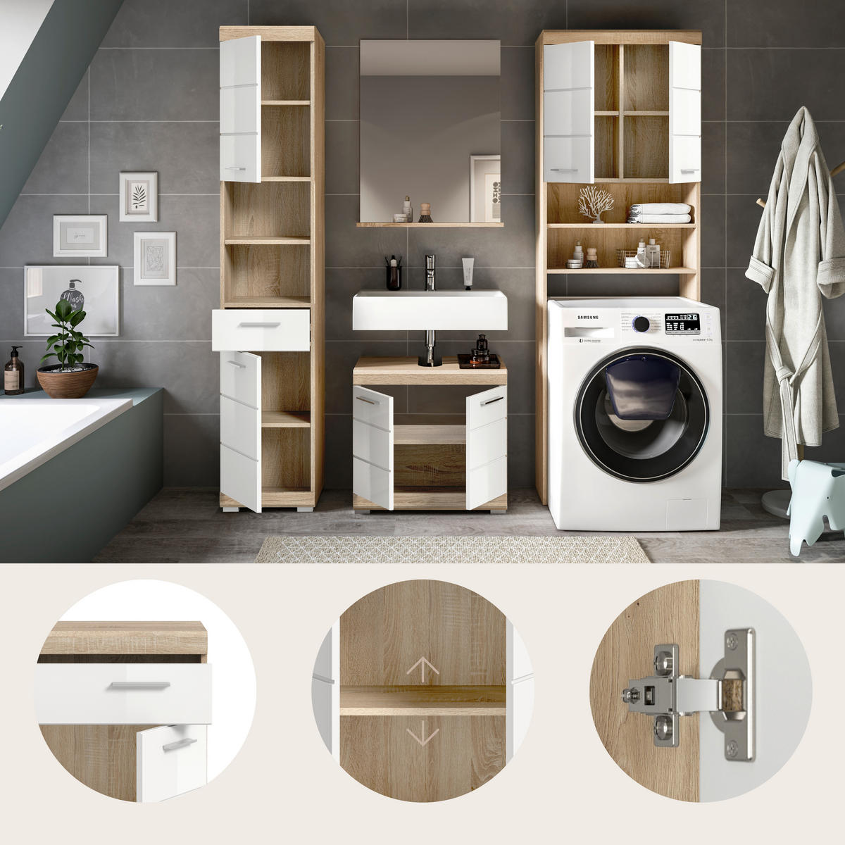BADEZIMMER 4-teilig  in 160 cm  - Weiß Hochglanz/Silberfarben, MODERN, Glas/Holzwerkstoff (160cm) - MID.YOU