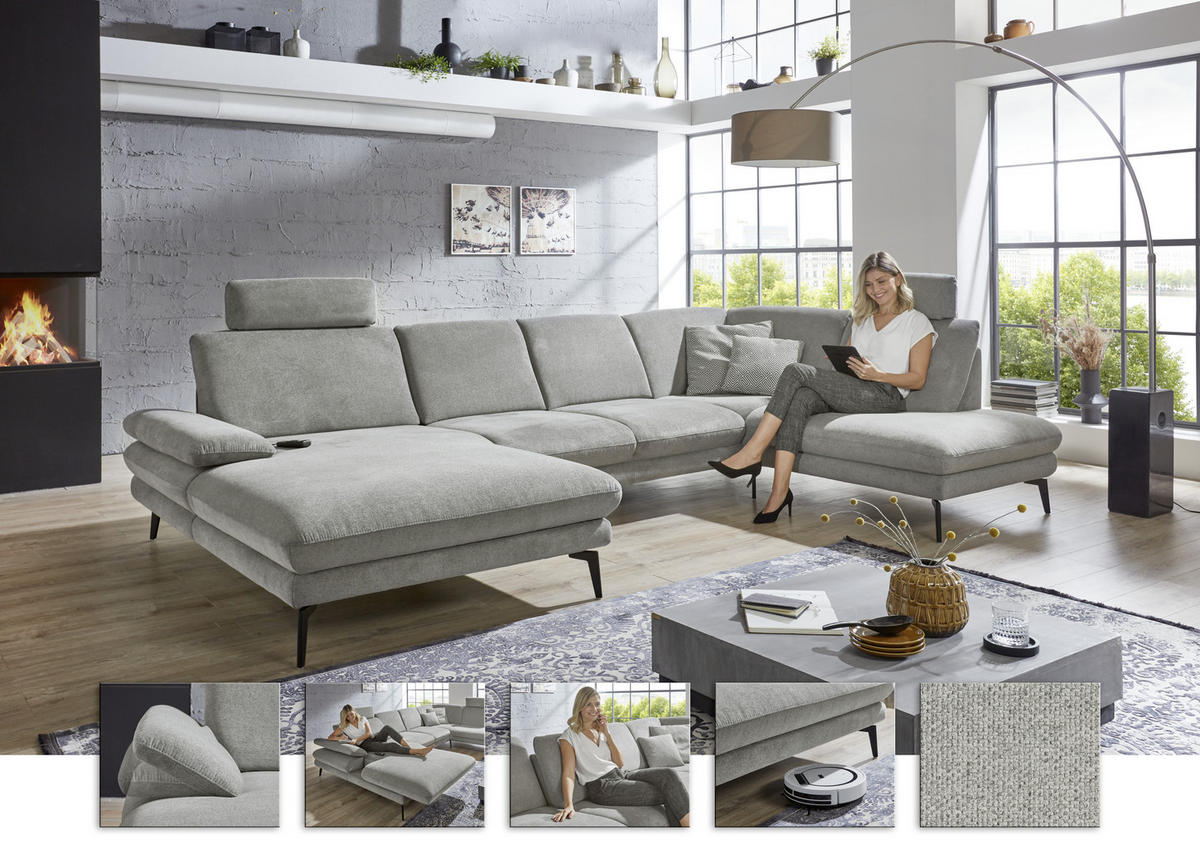 SAROKGARNITÚRA textil szürke  - fekete/szürke, Design, textil/fém (208/344/180cm) - Dieter Knoll