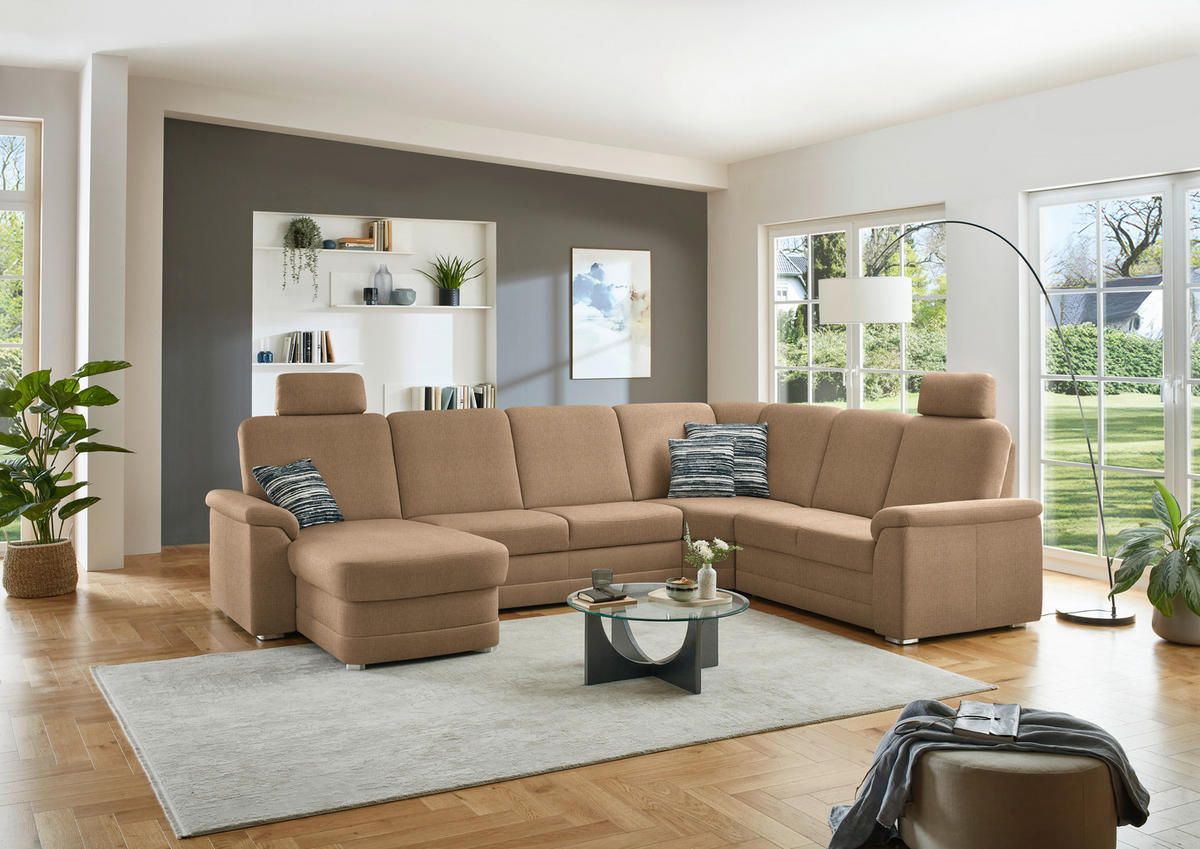 WOHNLANDSCHAFT  in Chenille Altrosa, Hellbraun  - Hellbraun/Alufarben, KONVENTIONELL, Holz/Textil (160/329/235cm) - Beldomo Comfort