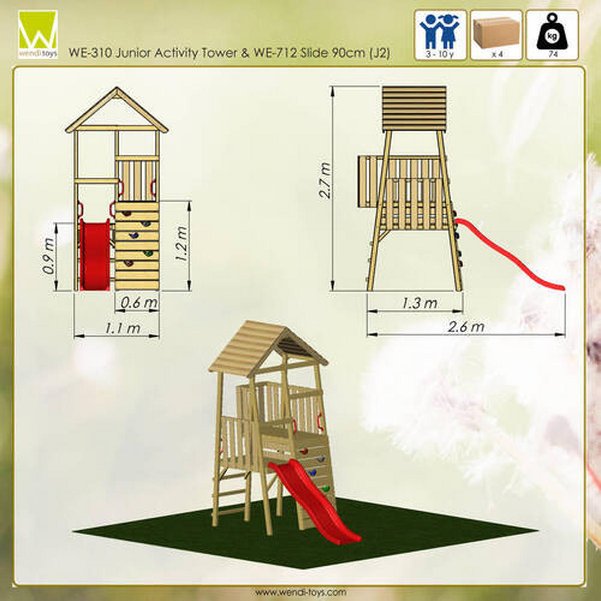 SPIELTURM 110/270/260 cm  - Rot/Naturfarben, KONVENTIONELL, Holz (110/270/260cm) - Ambia Garden