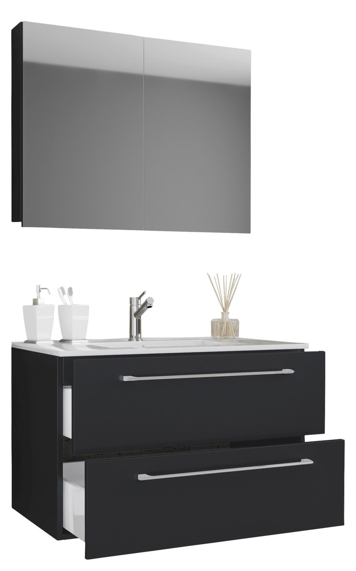 BADEZIMMER 3-teilig  in 80 cm  - Alufarben/Schwarz, MODERN, Keramik/Holzwerkstoff (80cm) - MID.YOU