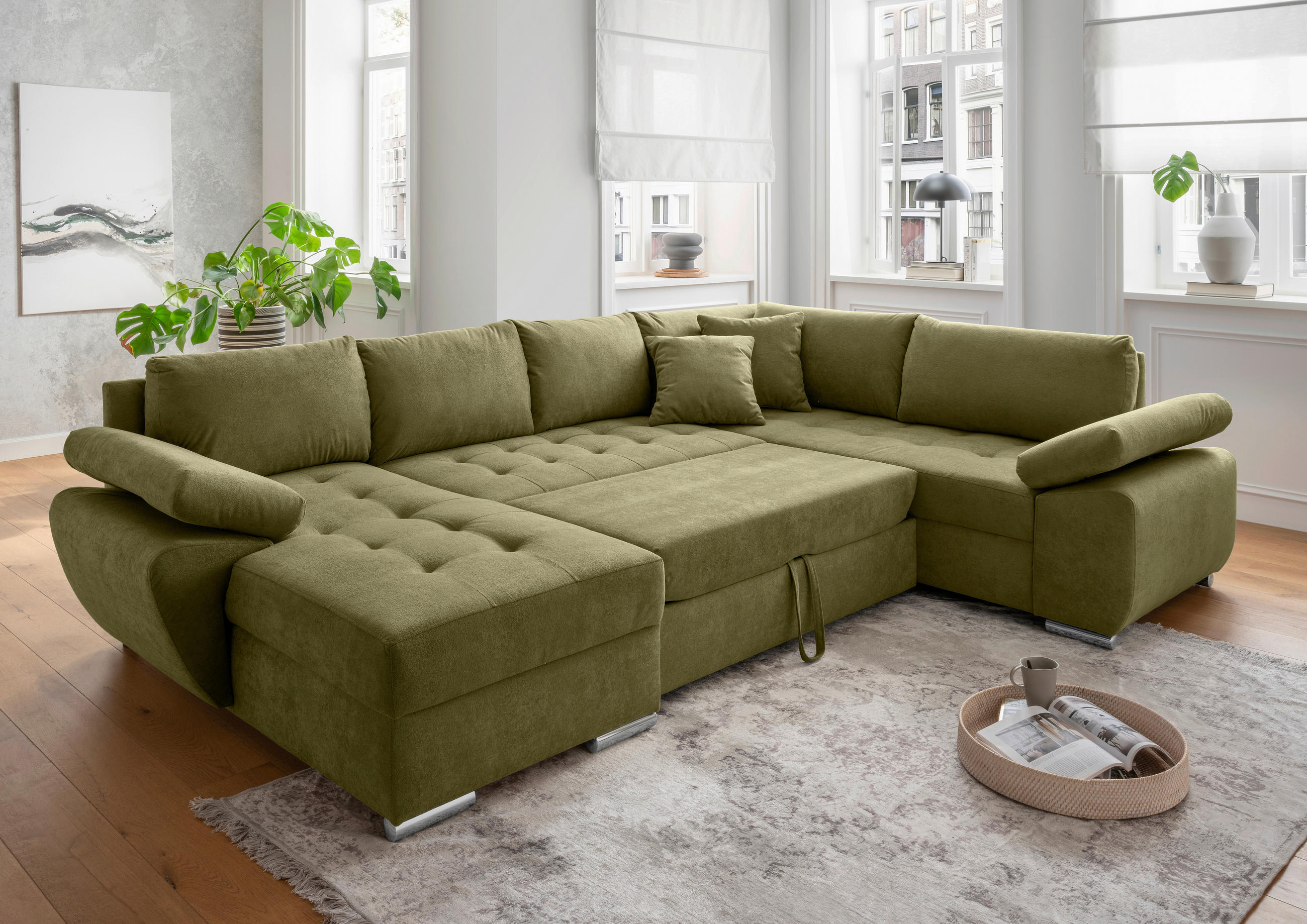 WOHNLANDSCHAFT in Mikrofaser Grün  - Chromfarben/Grün, KONVENTIONELL, Textil/Metall (157/305/219cm) - Livetastic