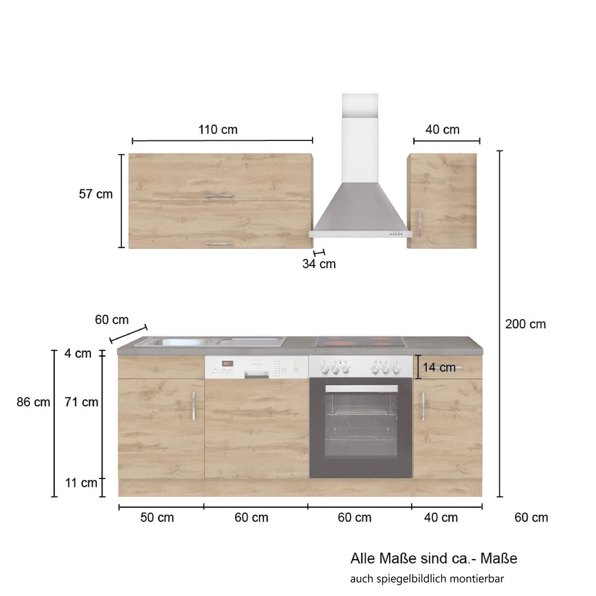 KÜCHENBLOCK 210 cm   in Weiß, Eiche Wotan  - Chromfarben/Eiche Wotan, MODERN, Holzwerkstoff/Metall (210cm) - Held