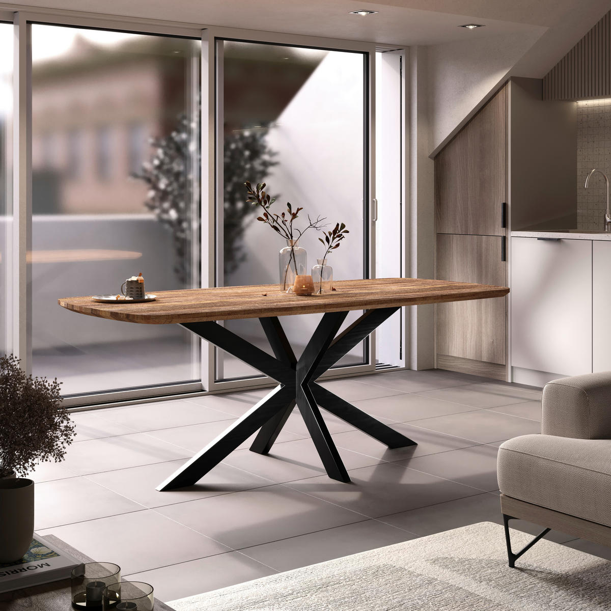 JEDILNA MIZA, masivno mangov les rjava, bežrjava  - bežrjava/črna, Konvencionalno, kovina/les (200/100/77cm) - MID.YOU