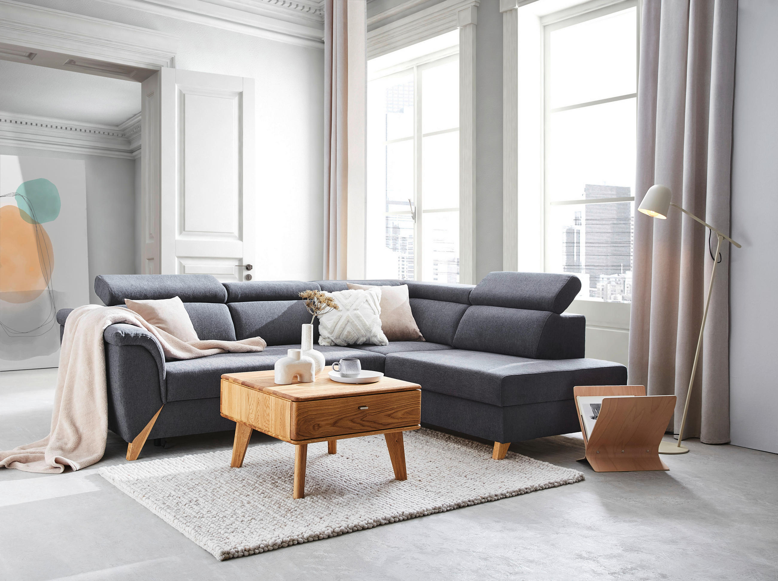 ECKSOFA Dunkelgrau Webstoff  - Dunkelgrau/Naturfarben, KONVENTIONELL, Holz/Textil (265/200cm) - Stylife