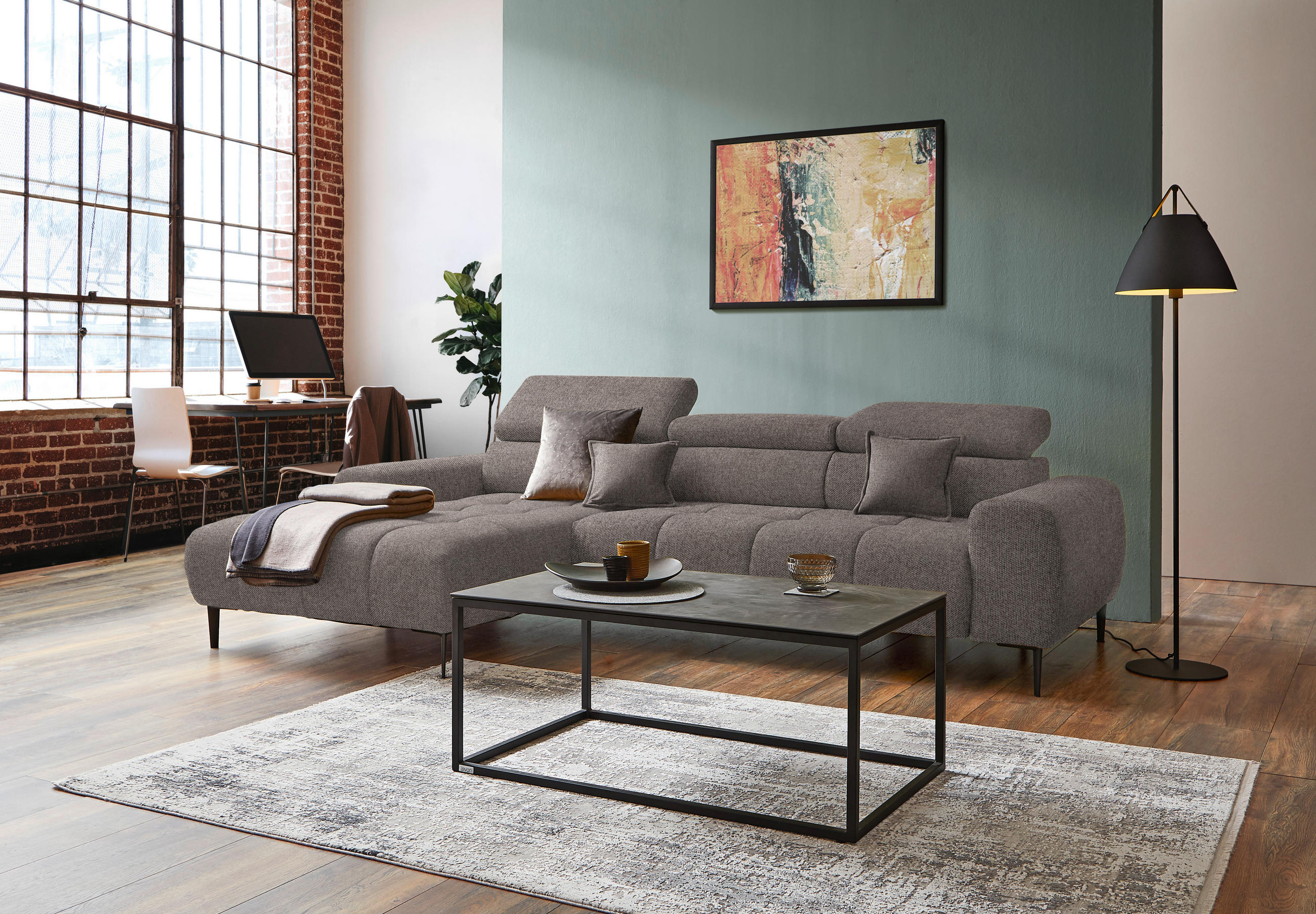 ECKSOFA in Webstoff Greige  - Greige/Schwarz, Design, Textil/Metall (177/270cm) - Welnova