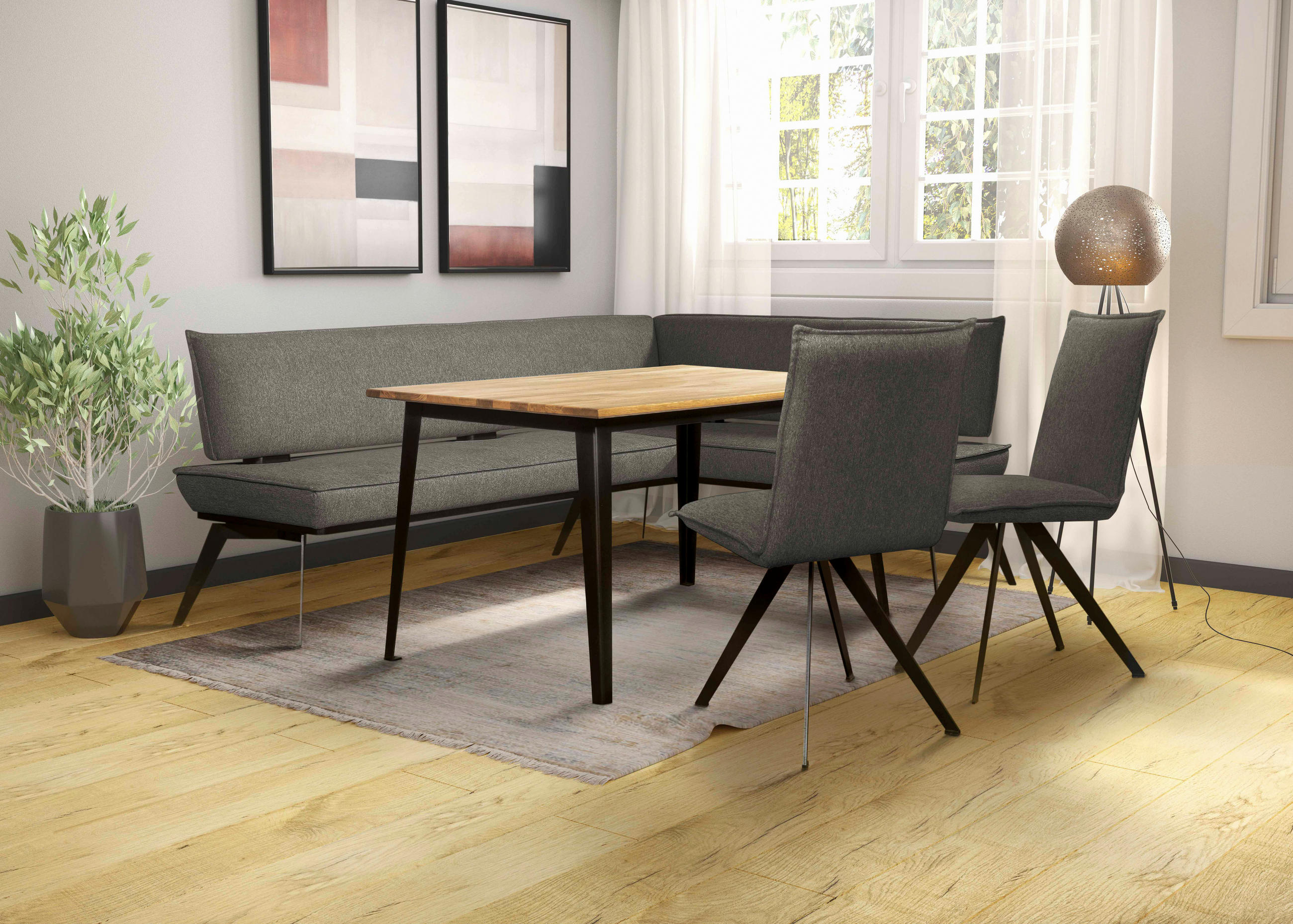 Thumbnail - Carryhome Eckbank, Schwarz, Dunkelgrau, Holz, Metall, Textil, Buche, massiv, Ottomane rechts, Eckteil, 235x165 cm, Stoff...