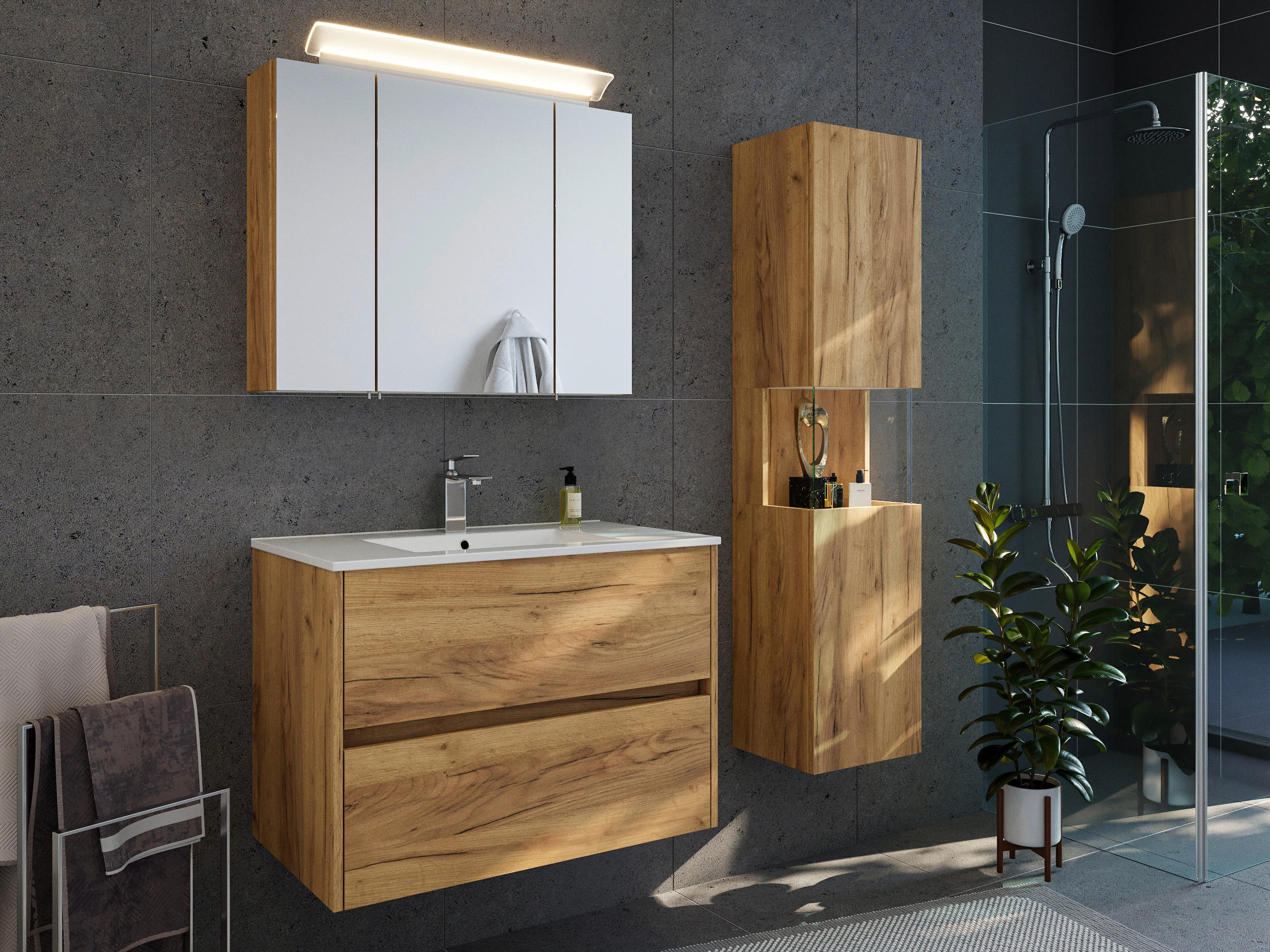 BADEZIMMER 3-teilig  in 80 cm  - Eichefarben/Weiß, Basics, Keramik/Holzwerkstoff (80cm) - MID.YOU