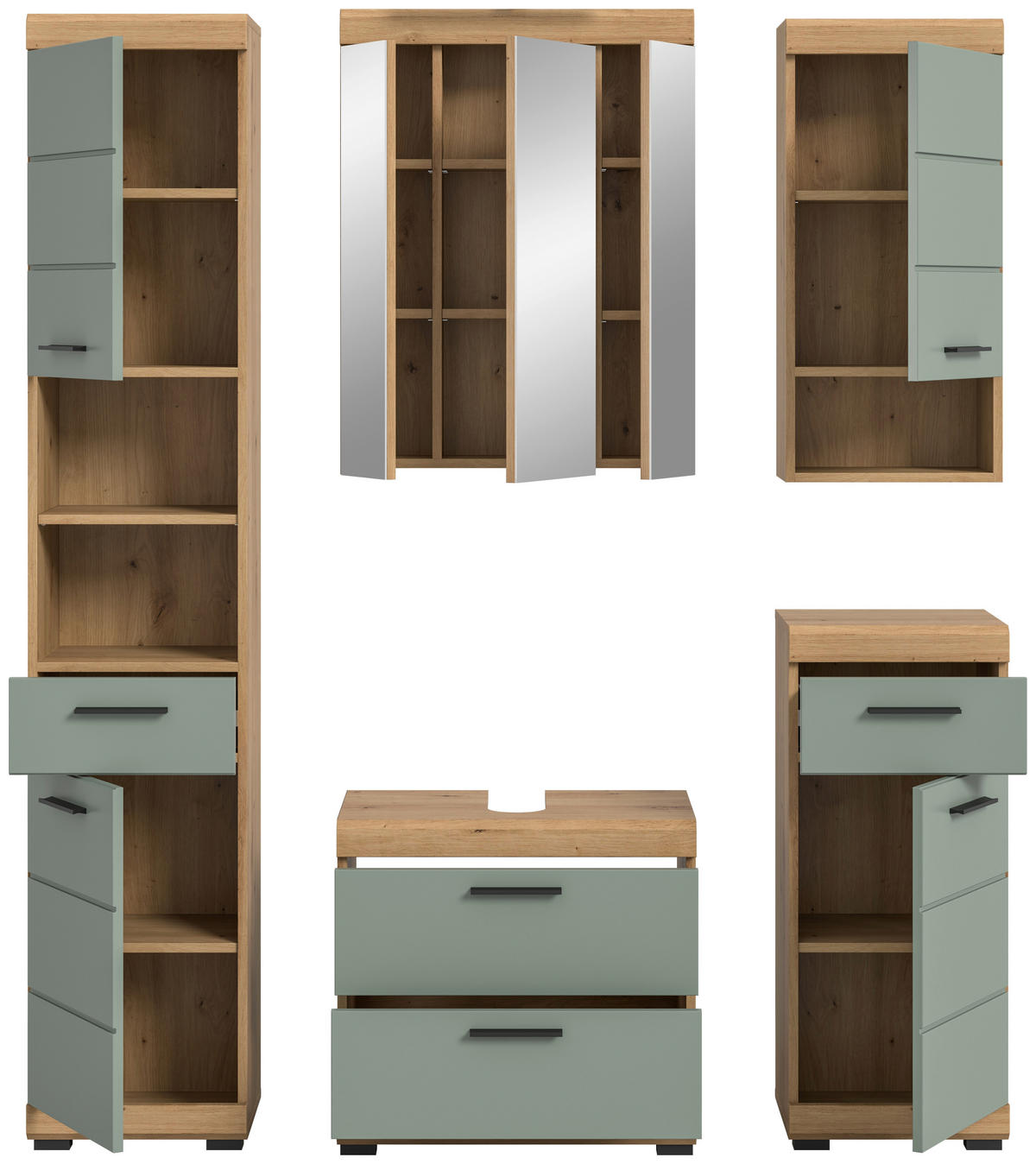 BADEZIMMER 5-teilig  in 134 cm  - Salbeigrün/Schwarz, MODERN, Holzwerkstoff/Kunststoff (134cm) - MID.YOU