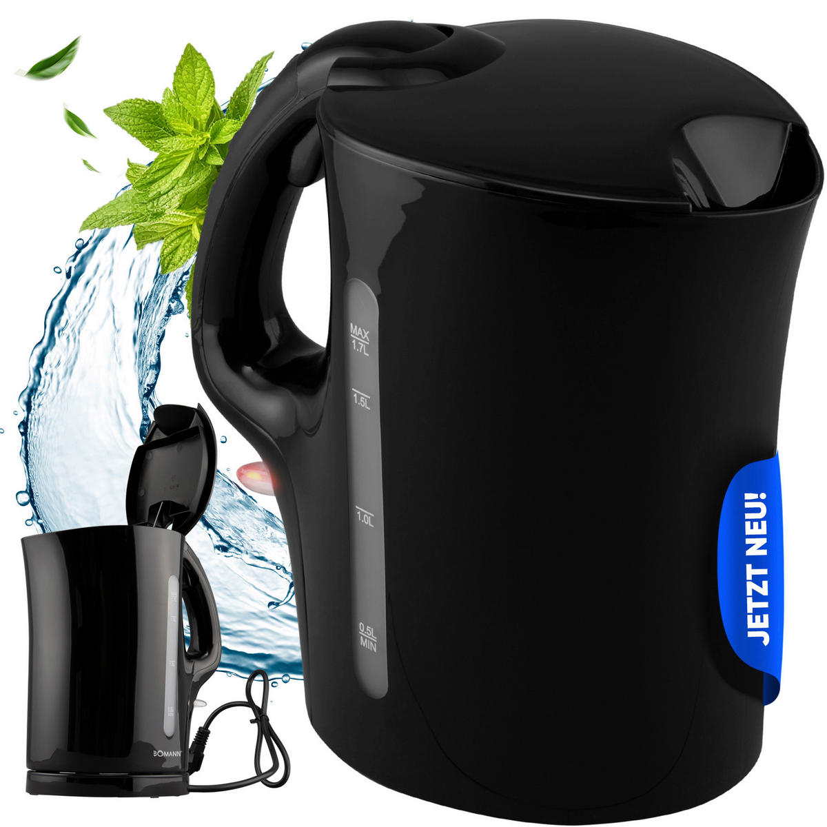 WASSERKOCHER 1,7 L  - Schwarz, Basics, Kunststoff (13,4/25,0/21,7cm) - Bomann