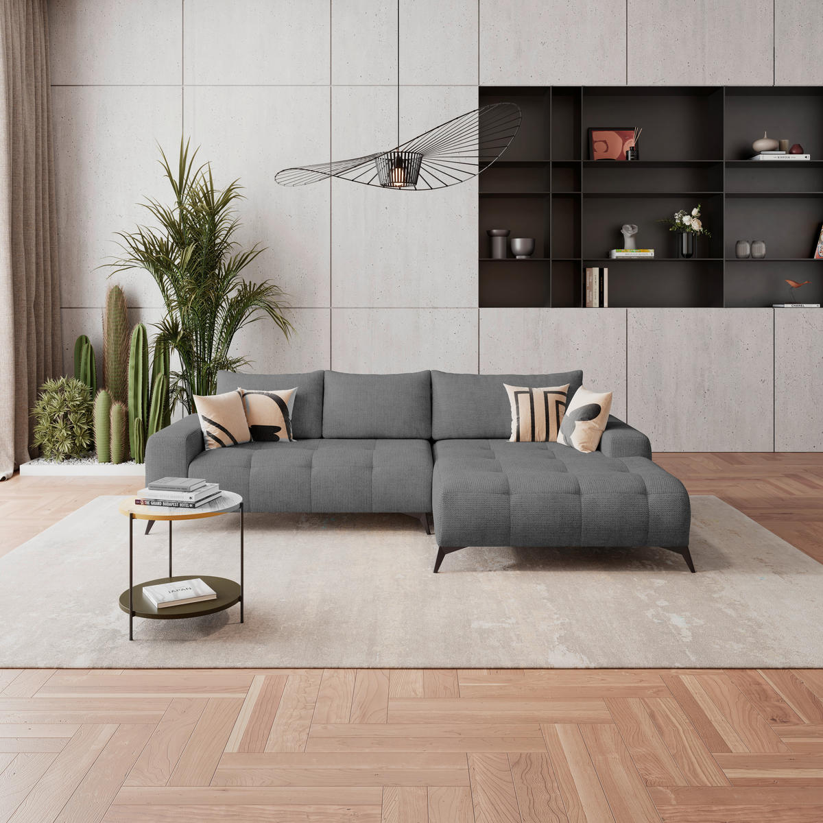 ECKSOFA MAURO Anthrazit Flachgewebe  - Anthrazit/Schwarz, Trend, Textil/Metall (290/175cm) - MID.YOU