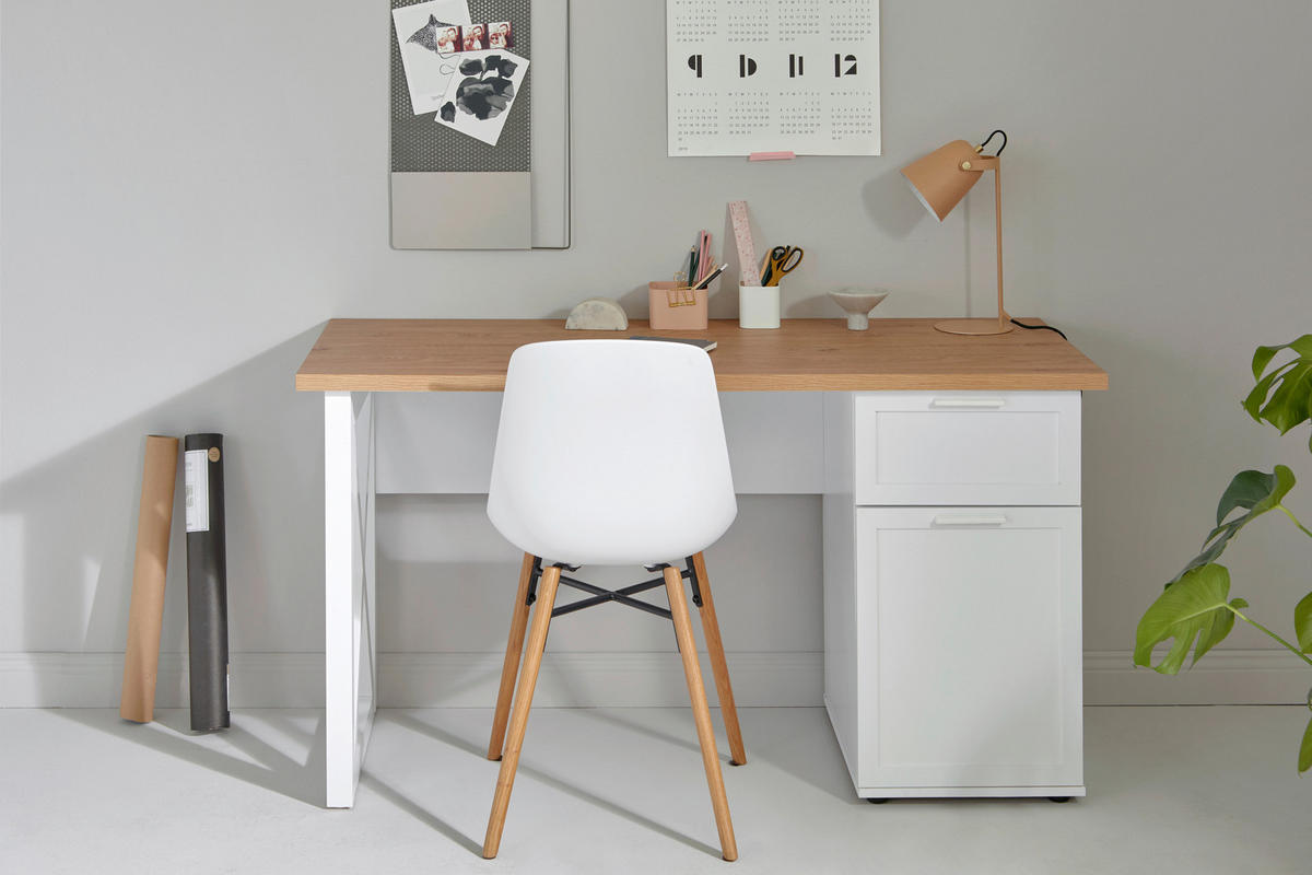 SCHREIBTISCH 140/59/74,8 cm  in Weiss, Eichefarben  - Weiss/Eichefarben, Konventionell, Holzwerkstoff/Metall (140/59/74,8cm) - Livetastic