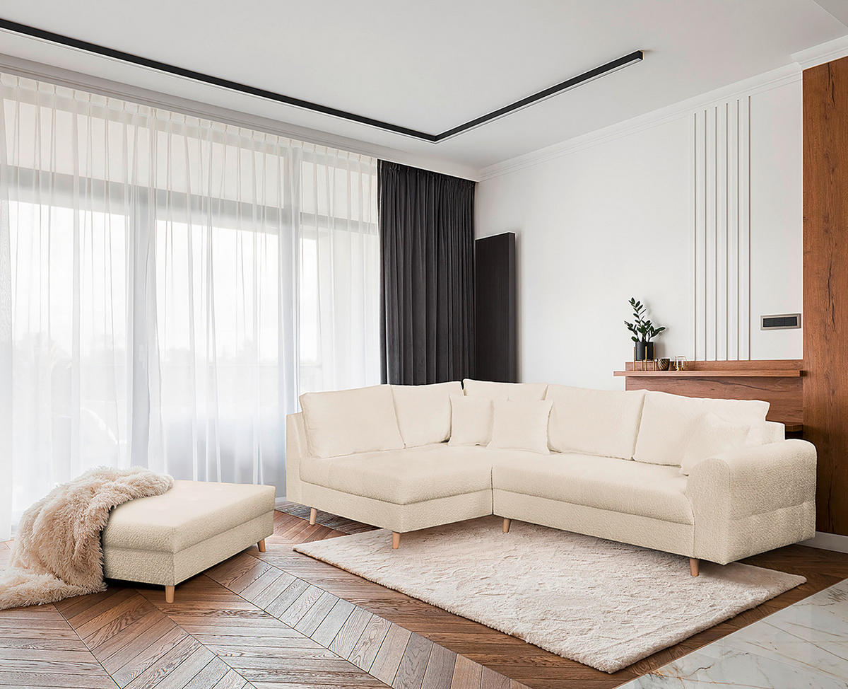 ECKSOFA Bouclé Weiss  - Weiss/Naturfarben, Design, Holz/Textil (161/231cm) - Livetastic