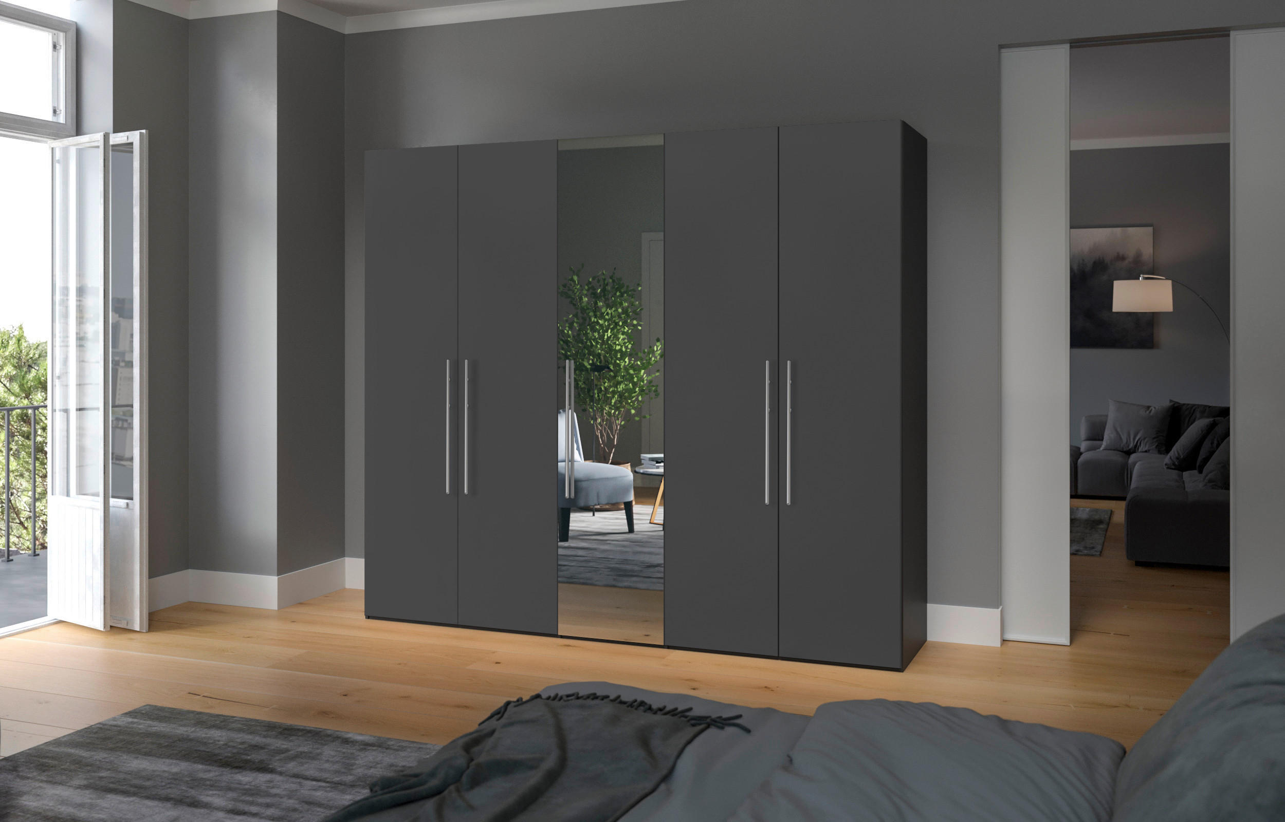 DREHTÜRENSCHRANK 253/236/59 cm 5-türig Anthrazit, Schwarz  - Edelstahlfarben/Anthrazit, Design, Glas/Holzwerkstoff (253/236/59cm) - Boxxx