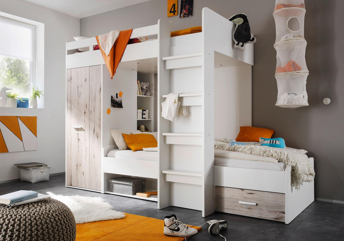 ETAGENBETT 90/200 cm,  in Weiß, Eichefarben, Absturzsicherung, Leiter  - Eichefarben/Weiß, KONVENTIONELL, Holzwerkstoff (90/200cm) - MID.YOU