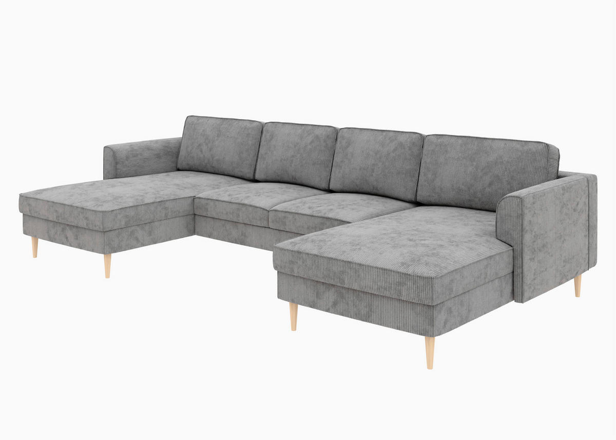 WOHNLANDSCHAFT Grau Cord  - Buchefarben/Grau, MODERN, Holz/Textil (161/306/161cm) - Trendmanufaktur