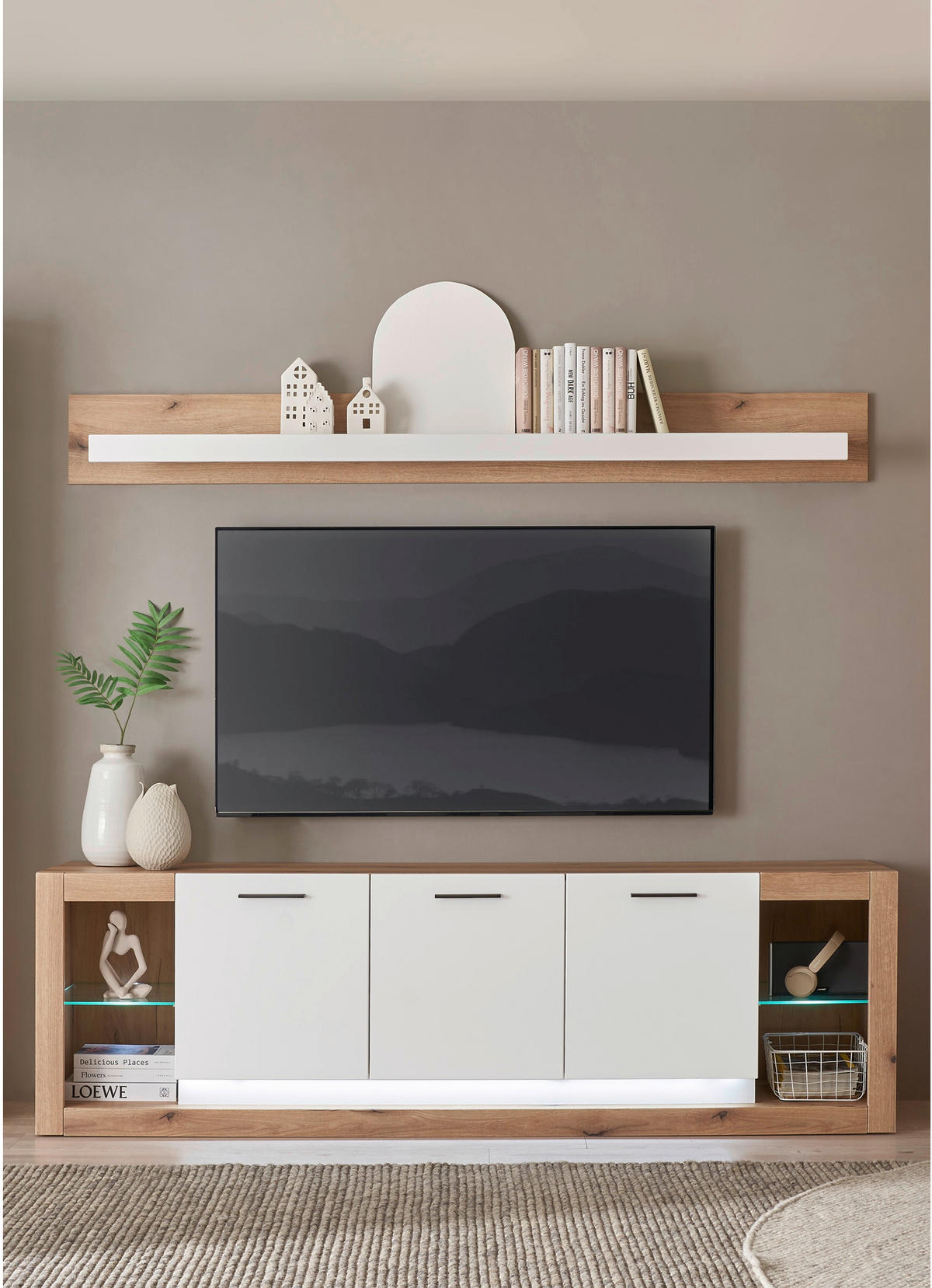 WOHNWAND 2-teilig  in Weiß, Eichefarben  198/170/43 cm  - Eichefarben/Schwarz, Design, Glas/Holzwerkstoff (198/170/43cm) - MID.YOU