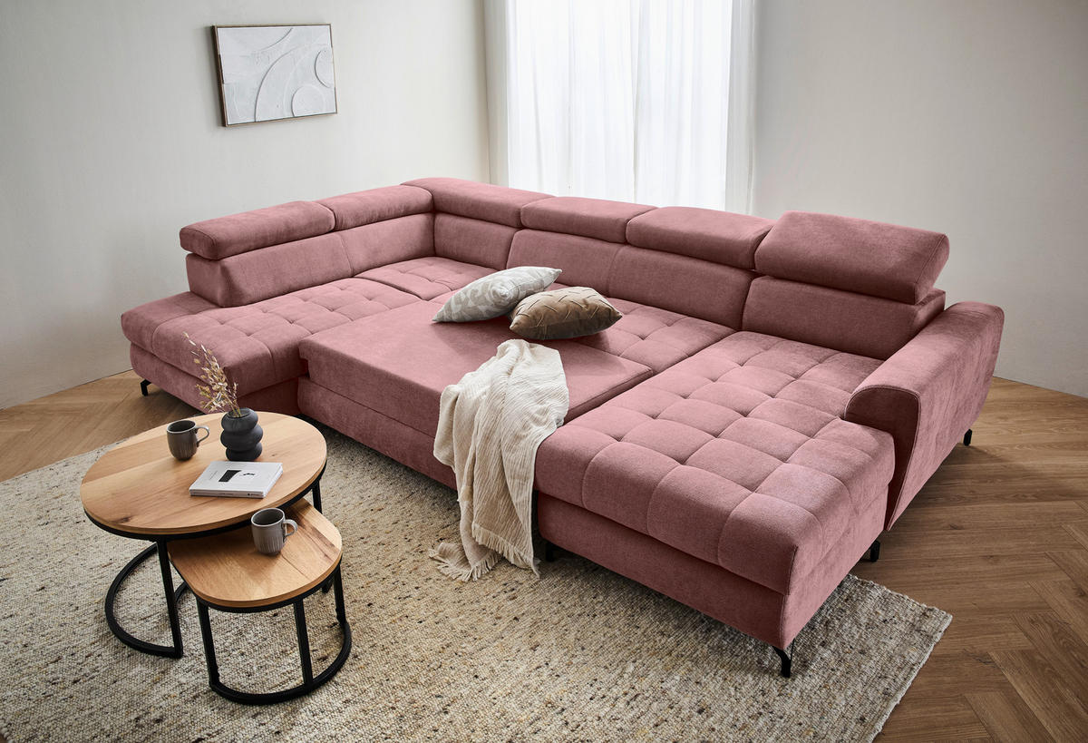 WOHNLANDSCHAFT Rosa Struktur  - Schwarz/Rosa, Design, Textil/Metall (203/327/177cm) - Stylife