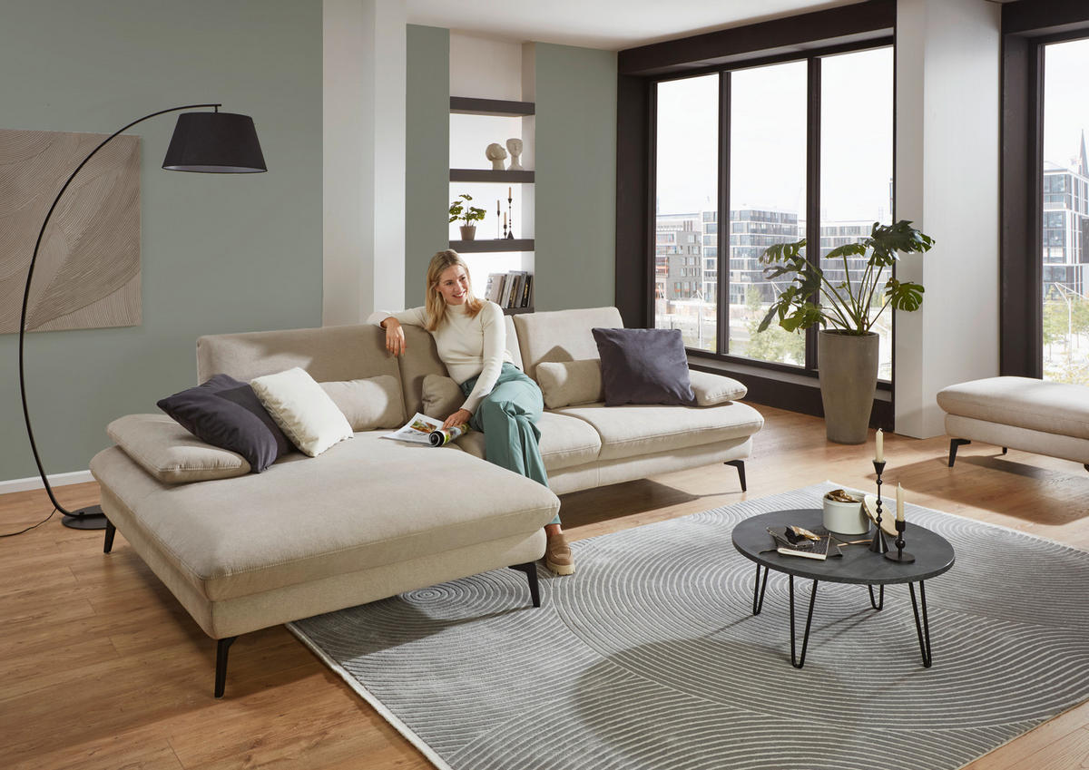 ECKSOFA in Mikrofaser, Chenille Ecru  - Ecru/Schwarz, Design, Textil/Metall (157/299cm) - Dieter Knoll