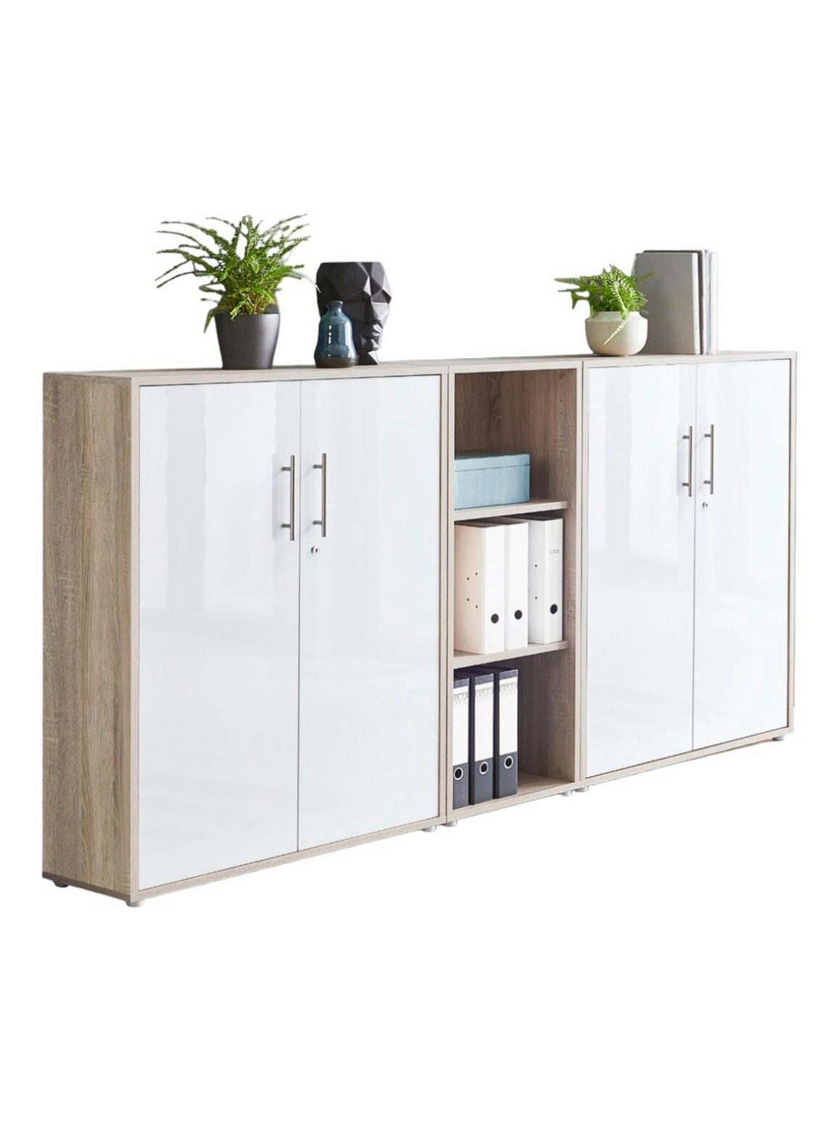 AKTENSCHRANK Sonoma Eiche, Weiß Hochglanz  - Weiß Hochglanz/Sonoma Eiche, MODERN, Holzwerkstoff (213/114/33cm) - MID.YOU