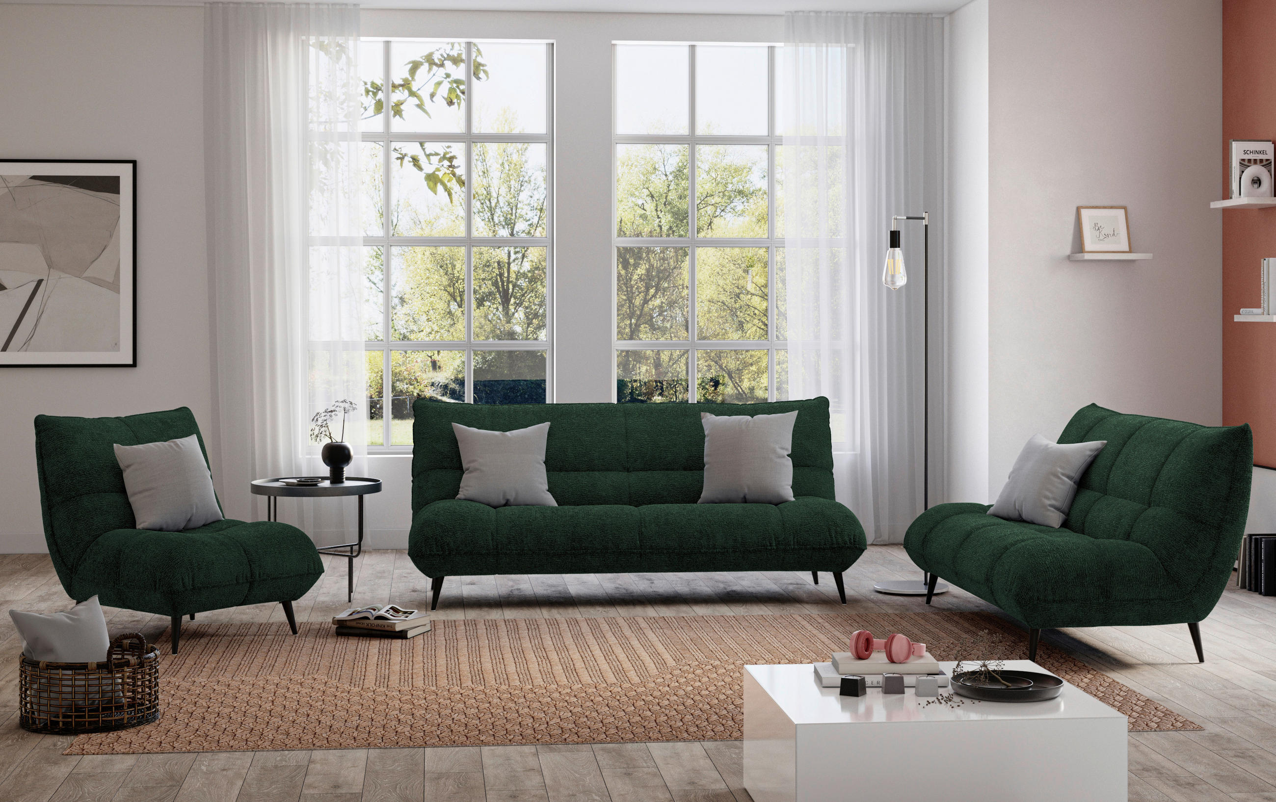 3-SITZER-SOFA Mikrofaser Dunkelgrün - Dunkelgrün/Schwarz, KONVENTIONELL, Textil/Metall (230/100/101cm) - Hom`in
