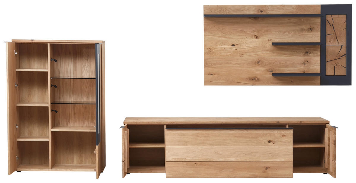 WOHNWAND  in Schwarz, Eichefarben  342,4/169,8/45,2 cm  - Eichefarben/Schwarz, Design, Glas/Holz (342,4/169,8/45,2cm) - Valdera