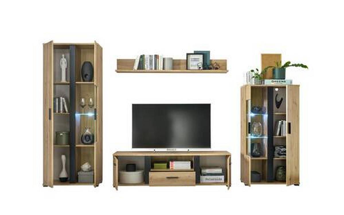 WOHNWAND  in Schwarz, Eichefarben  - Eichefarben/Anthrazit, Design, Glas/Holzwerkstoff - MID.YOU