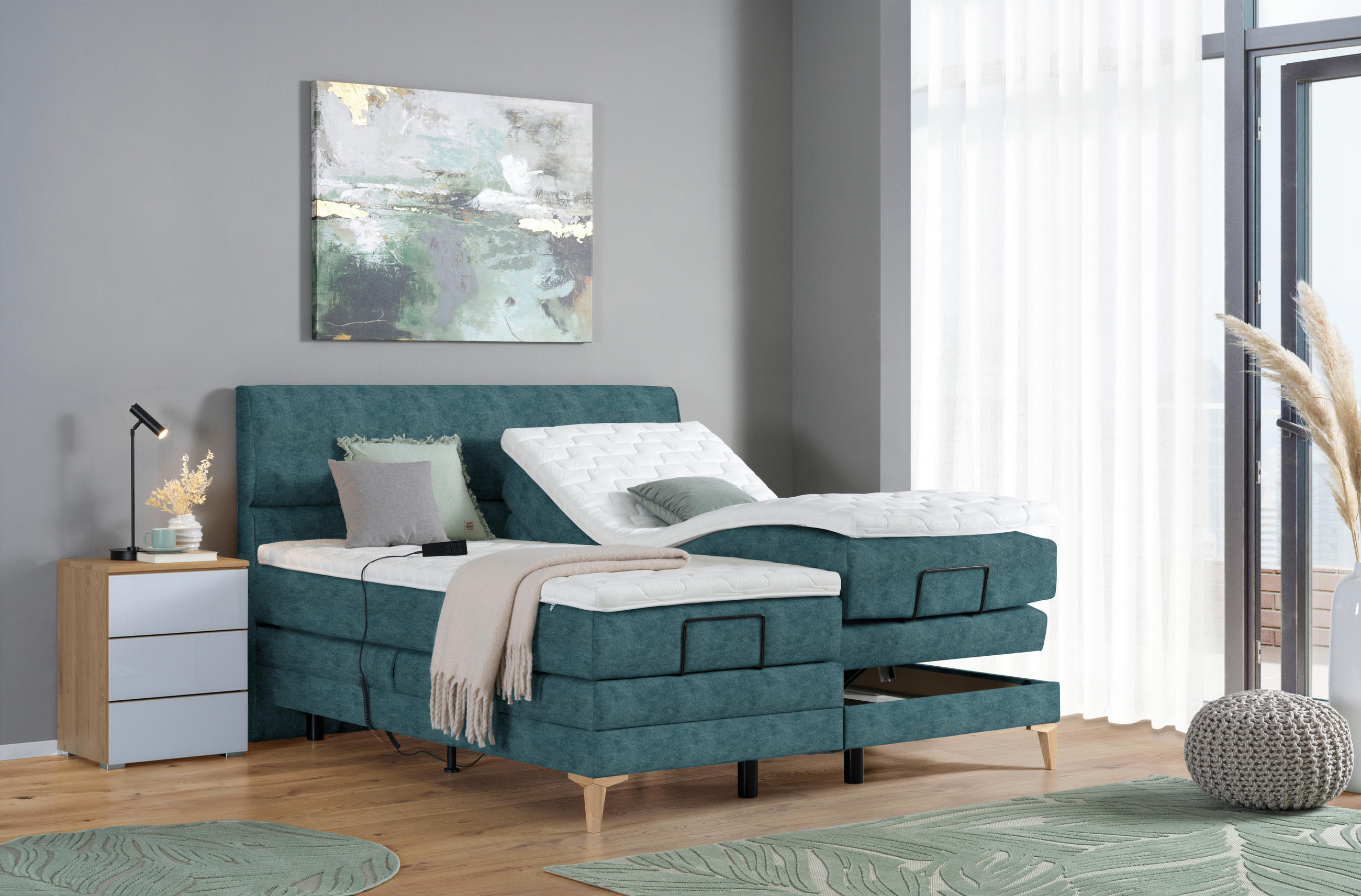 Thumbnail - Voleo Boxspringbett, Blau, Textil, H3, 7-Zonen, Höhe ca. 19 cm, 180x200 cm, Über- und Sondergrößen erhältlich, gepolster...