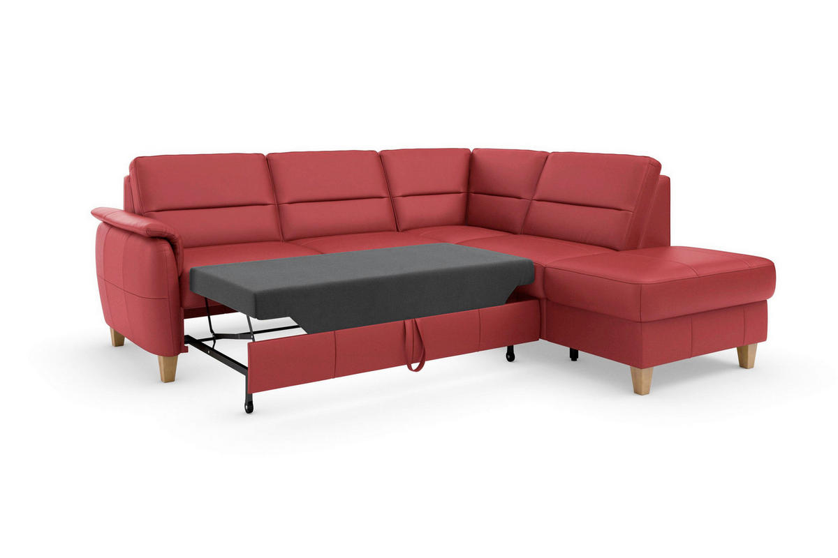 ECKSOFA PALMERA E Rot Kombination Echtleder/Stoff Mikrofaser Stauraum  - Eichefarben/Rot, Basics, Leder/Holz (236/212cm) - Sit & More
