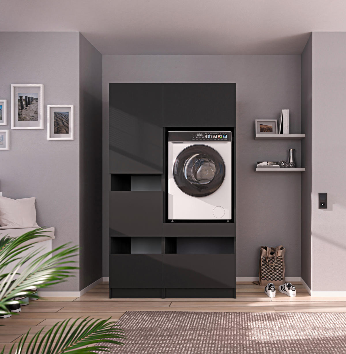 WASCHMASCHINENSCHRANK 68/200/68 cm  in Anthrazit  - Anthrazit/Schwarz, Design, Holzwerkstoff/Metall (68/200/68cm) - Milino