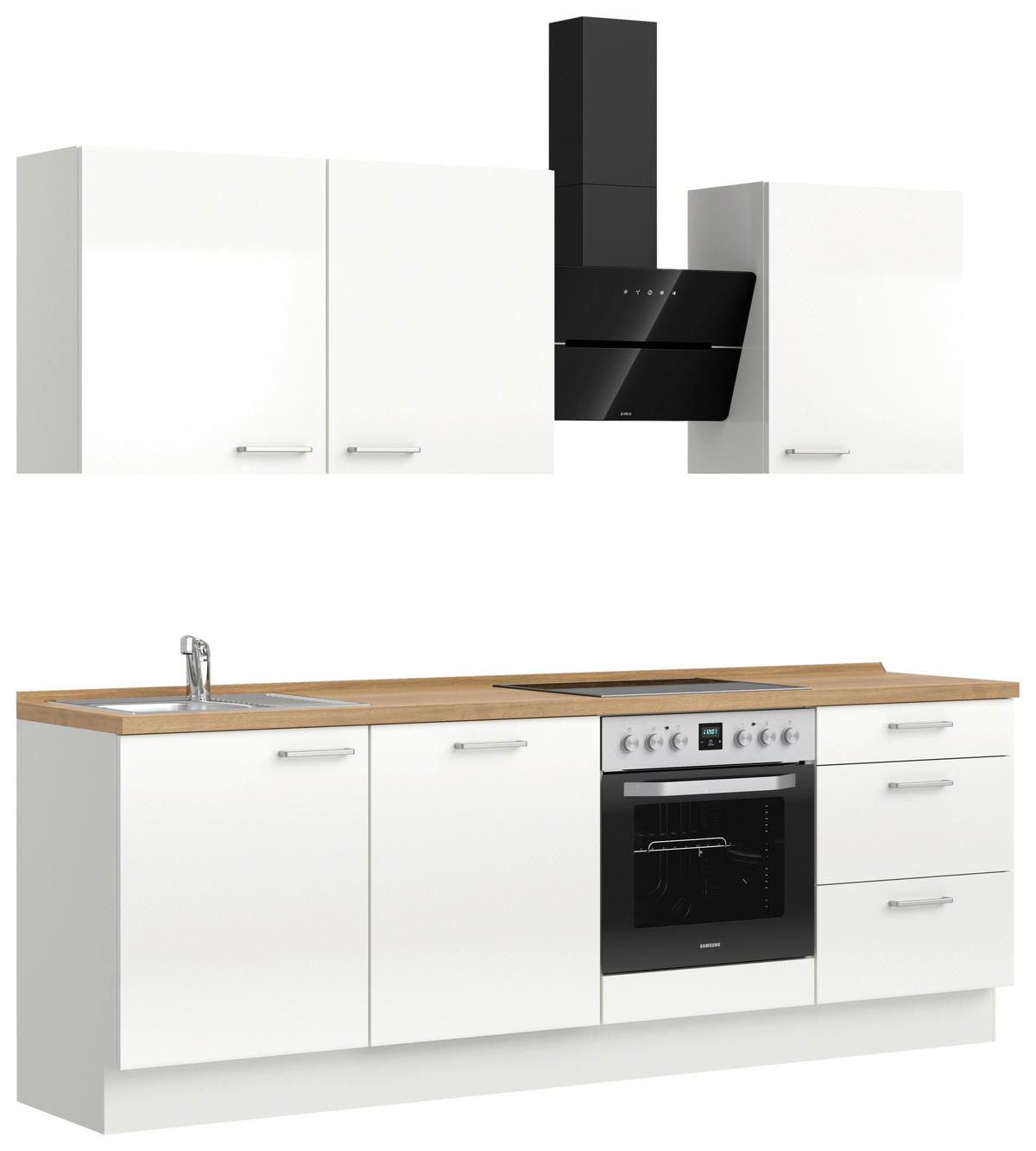 KÜCHENBLOCK Flash 240 cm  in Eichefarben, Weiß Hochglanz  - Edelstahlfarben/Eichefarben, MODERN, Holzwerkstoff/Metall (240cm) - Nobilia