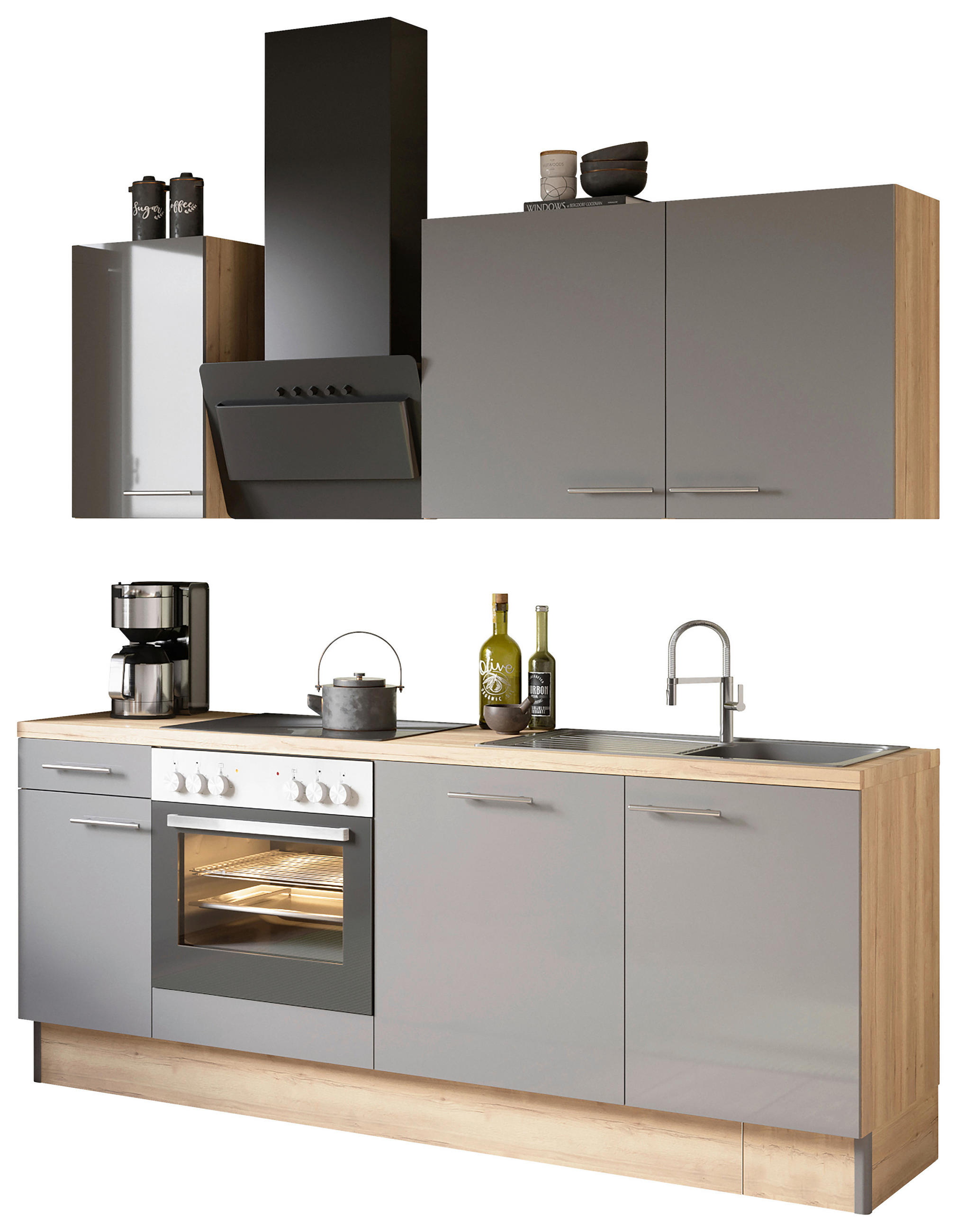 KÜCHENBLOCK 210 cm in Anthrazit, Eichefarben - Edelstahlfarben/Eichefarben, Basics, Holzwerkstoff/Metall (210cm) - Optifit