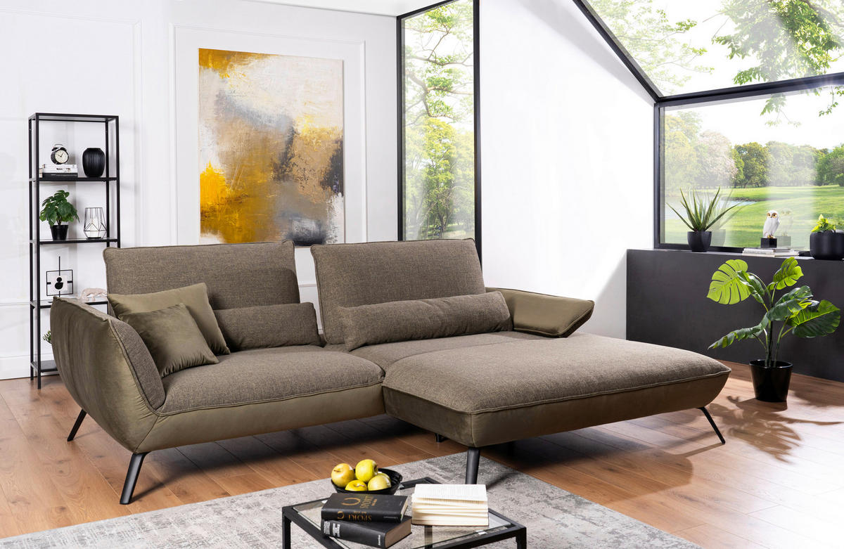 ECKSOFA in Flachgewebe Olivgrün  - Schwarz/Olivgrün, Design, Textil/Metall (191/273cm) - Moderano