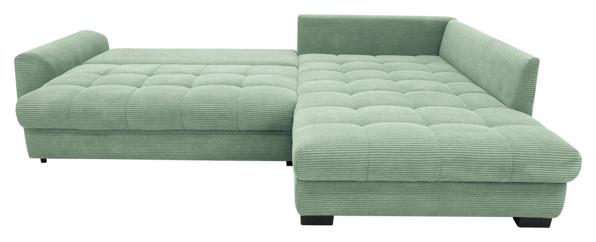 ECKSOFA Pastellgrün Cord Rückenkissen, Armlehnenkissen, Bettkasten, Schlaffunktion, Rücken echt, Liegefläche im Originalstoff  - Pastellgrün/Schwarz, KONVENTIONELL, Kunststoff/Textil (304/212cm) - Carryhome