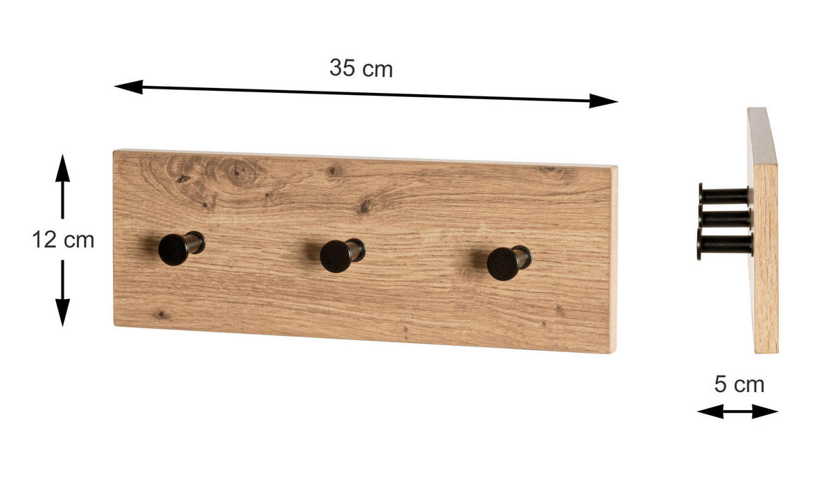ZIDNI ČIVILUK  crna, boja hrasta  metal, pločasti materijal  - boja hrasta/crna, Osnovno, metal/pločasti materijal (35/12/5cm)