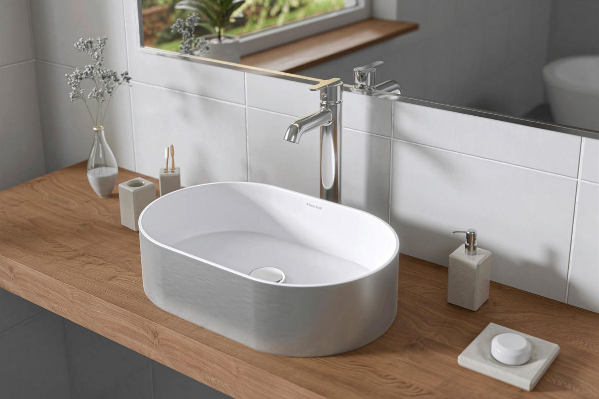 WASCHBECKEN  - Weiss/Edelstahlfarben, Basics, Stein (55/14/35cm) - Dieter Knoll