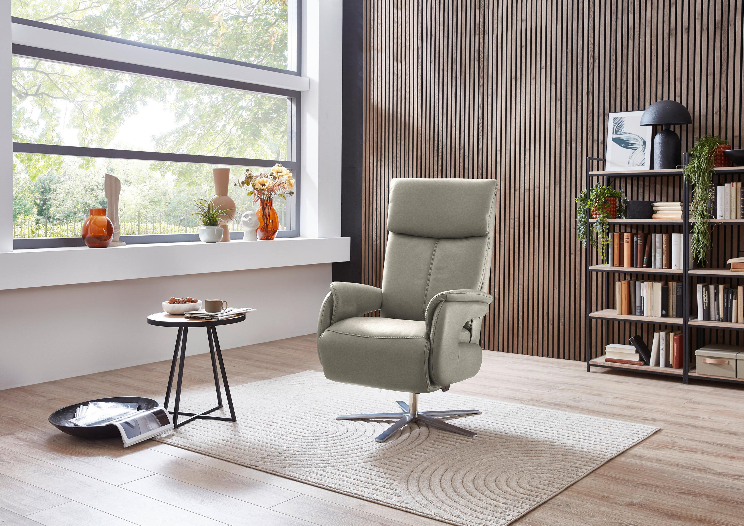 RELAXSESSEL in Leder Hellgrau  - Edelstahlfarben/Hellgrau, Design, Leder/Metall (70/124/85cm) - Cantus