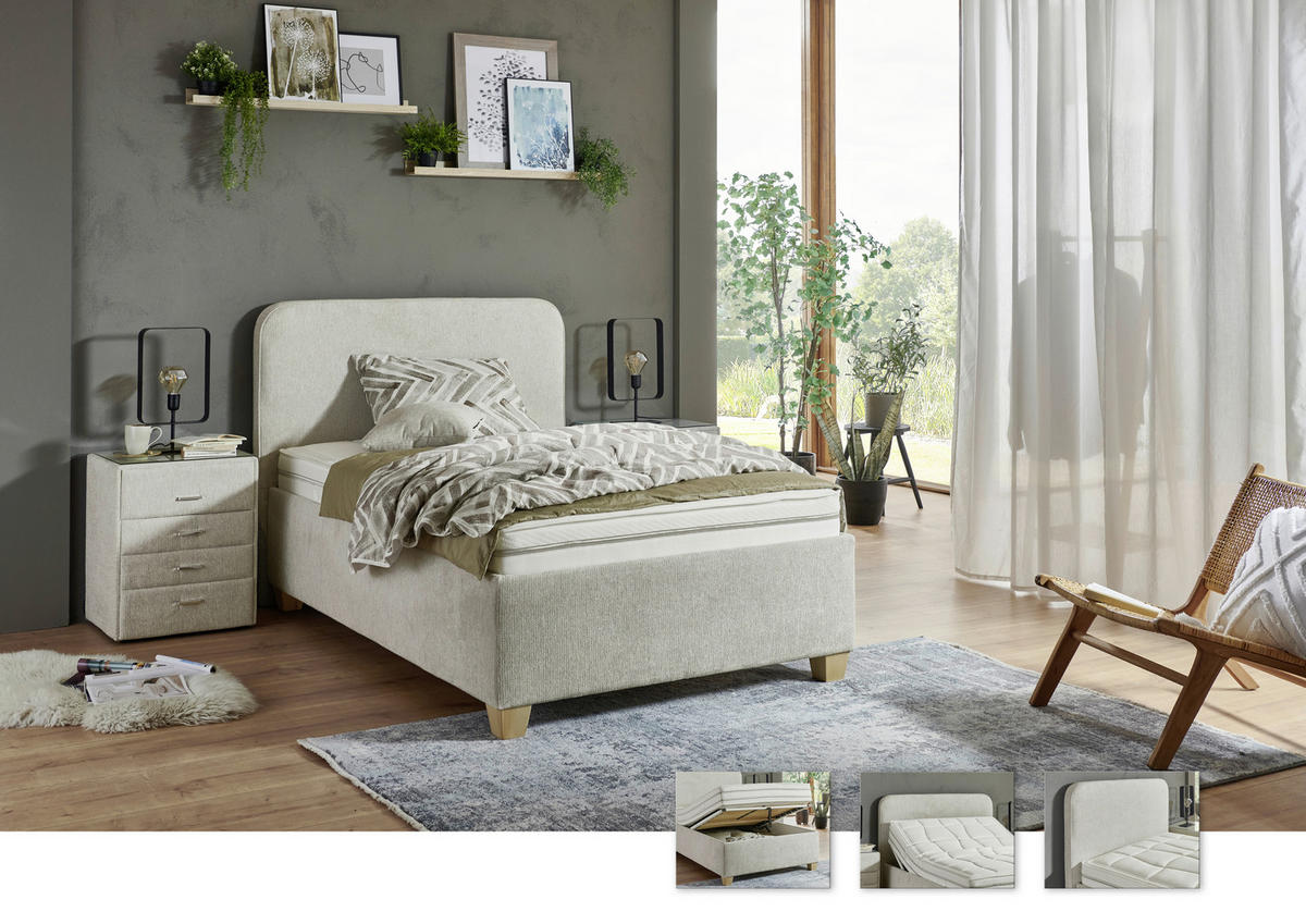 POLSTERBETT Matratze, gepolstertes Kopfteil, Lattenrost, Bettkasten 120/200 cm  in Grau, Ecru  - Ecru/Buchefarben, KONVENTIONELL, Holz/Holzwerkstoff (120/200cm) - Beldomo - Sleep