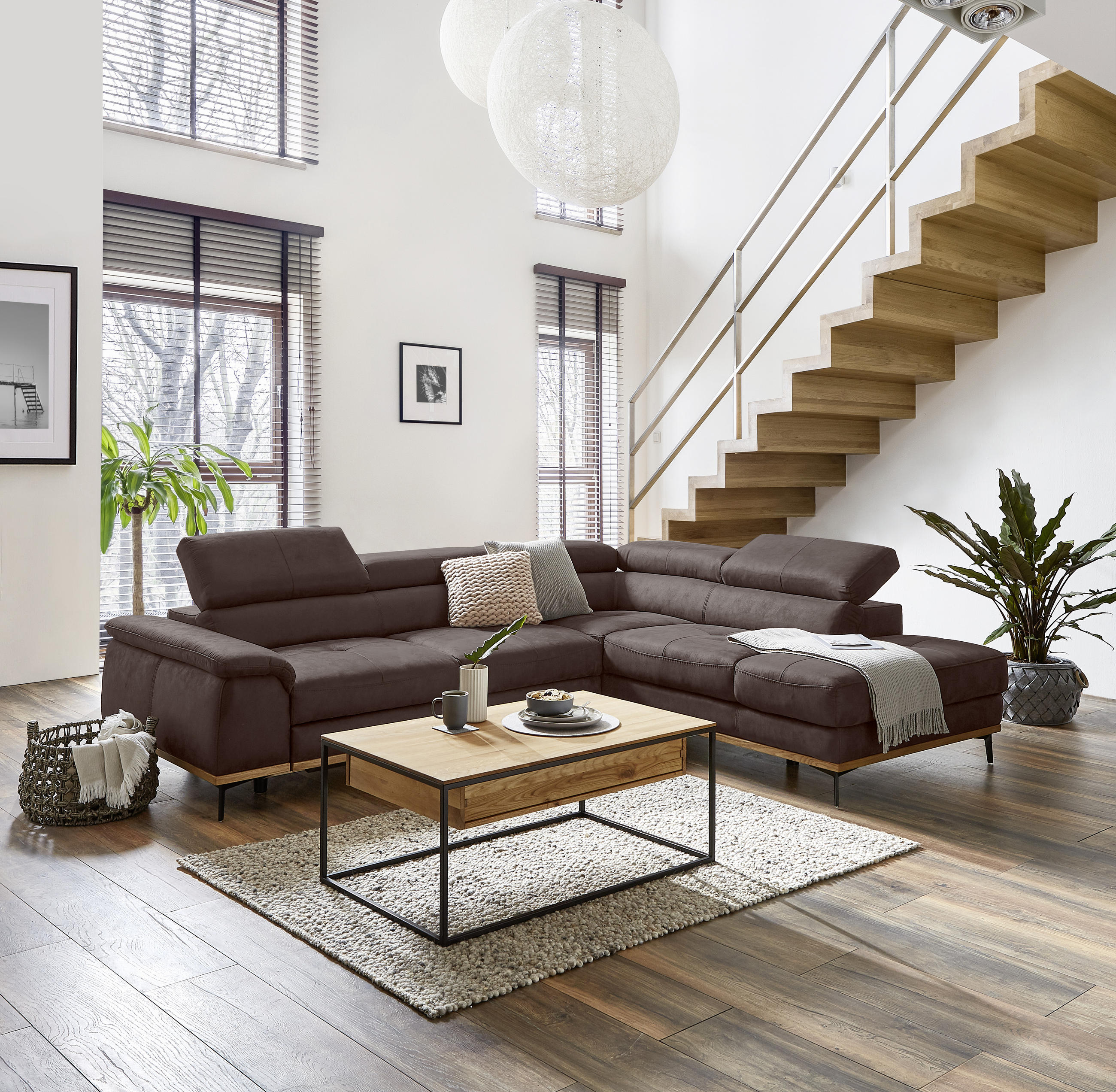 ECKSOFA inkl.Funktionen Mokka Lederlook  - Schwarz/Mokka, Natur, Holz/Textil (282/226cm) - Novel
