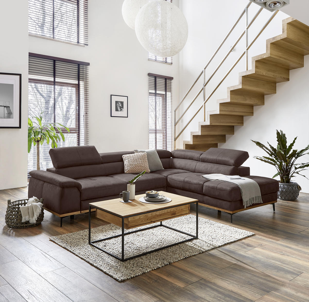 ECKSOFA inkl.Funktionen Mokka Lederlook  - Schwarz/Mokka, Natur, Holz/Textil (282/226cm) - Novel
